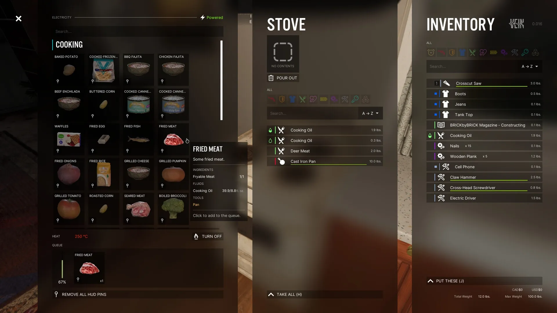 VEIN: Cooking interface showing fried meat recipe and inventory items like tools and ingredients.