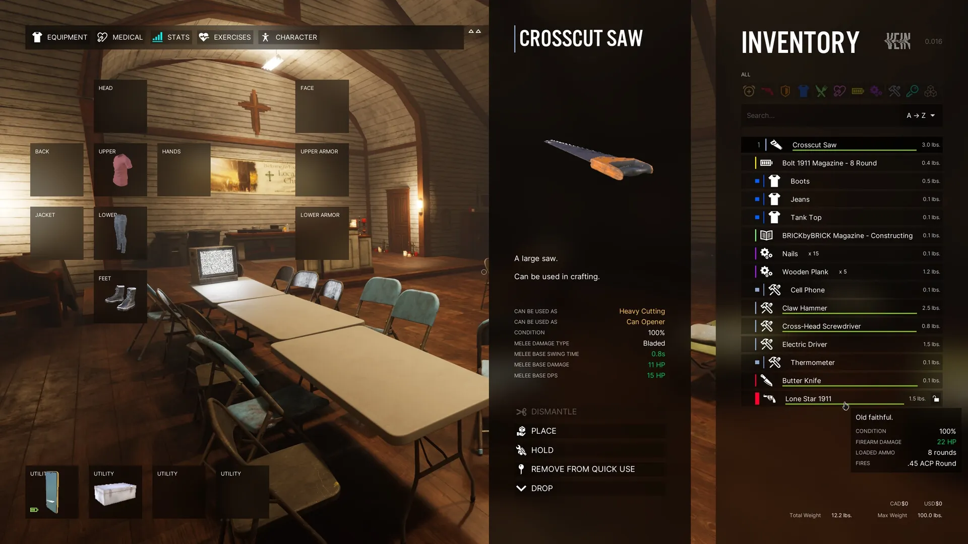 VEIN: Character equipment and inventory management in a wooden room with tables and folding chairs.