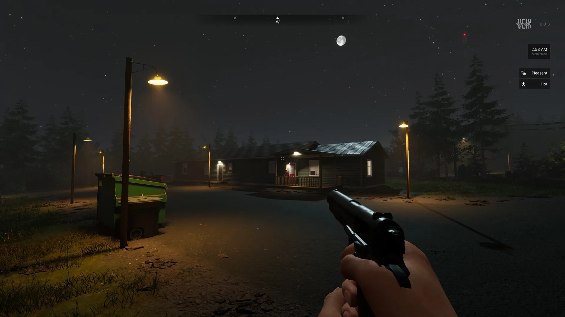 VEIN: Nighttime exploration with player holding a gun near a dimly lit house in a forested area