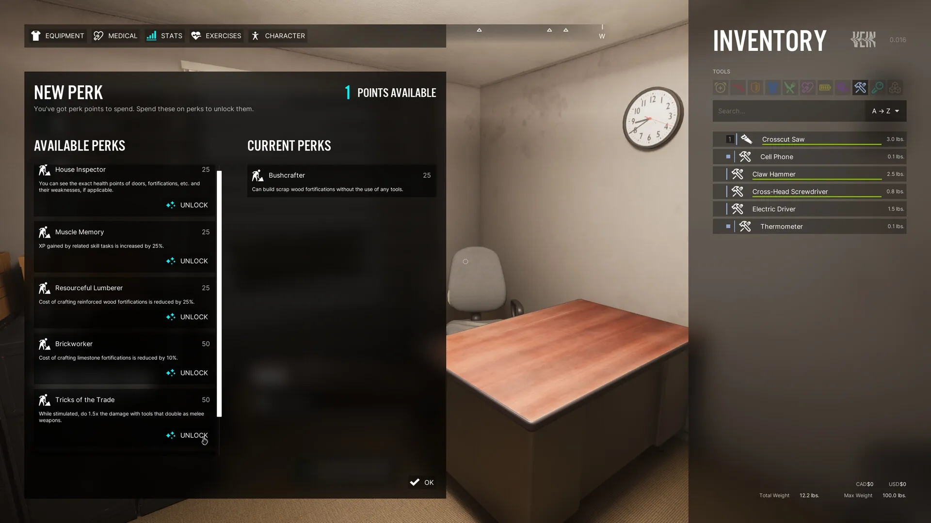VEIN: New perk selection screen in an office setting with inventory tools listed on the right panel