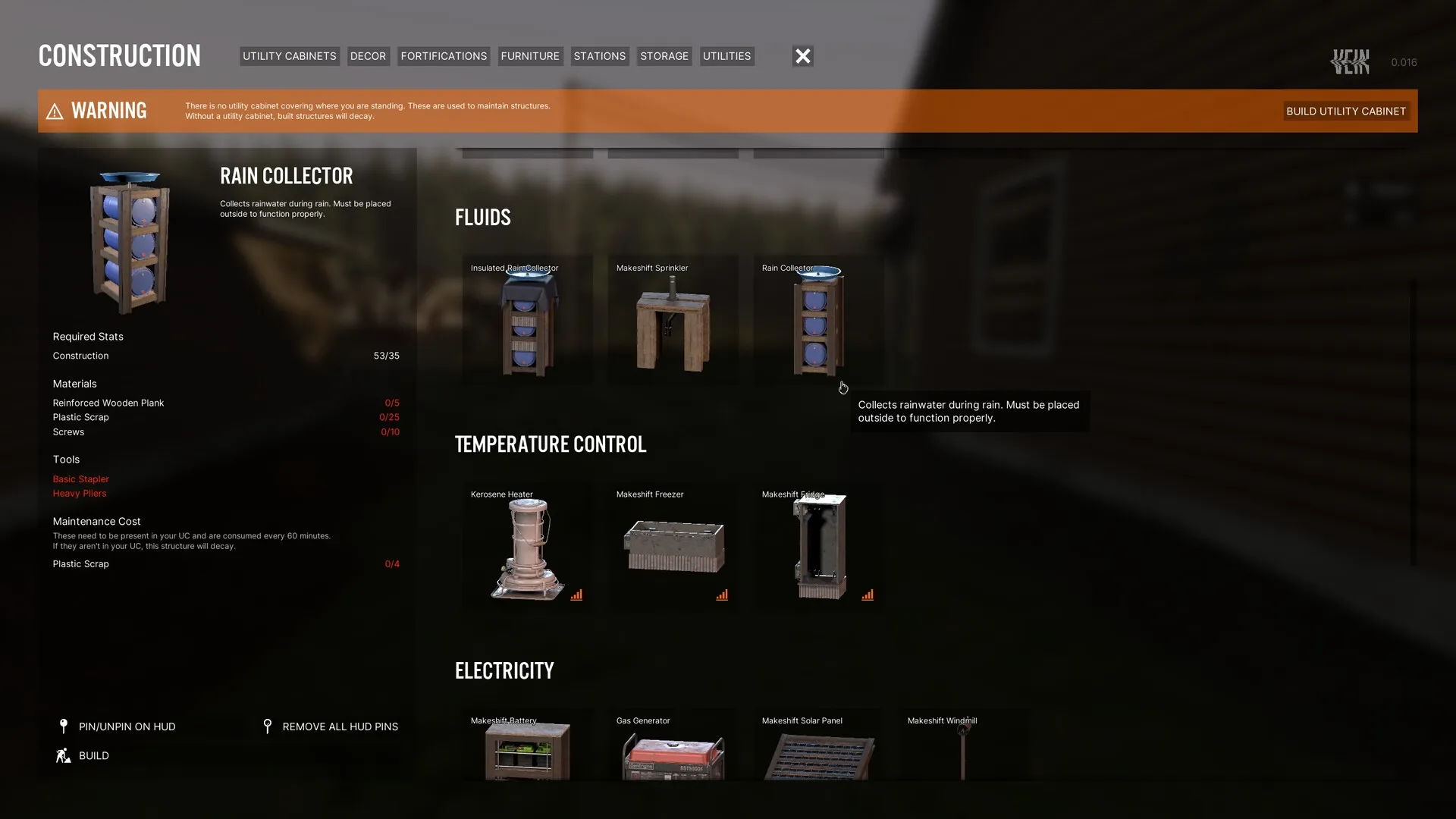 VEIN: Construction menu with rain collector details and utility options in a post-apocalyptic setting.