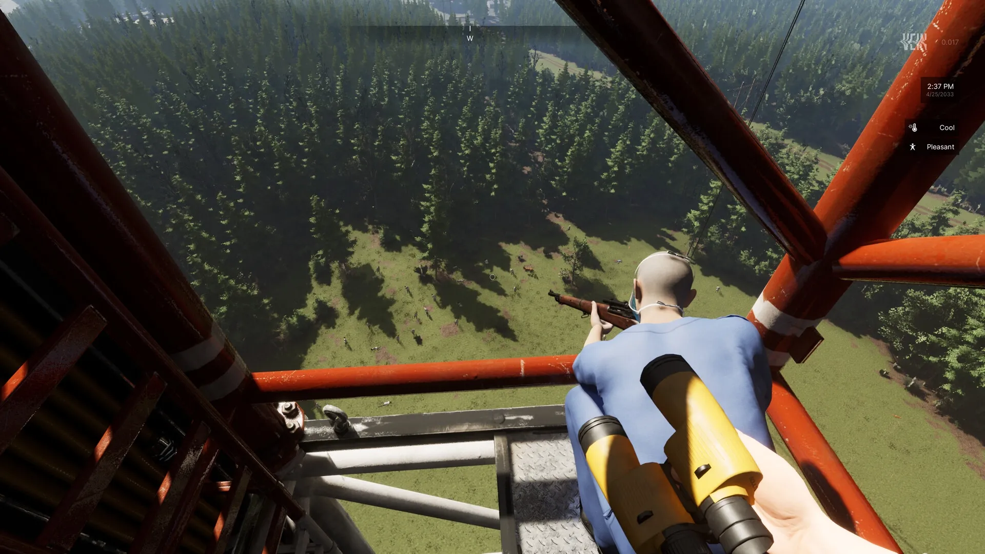 VEIN: Player crouching on tower with rifle, overlooking dense forest and distant wildlife below