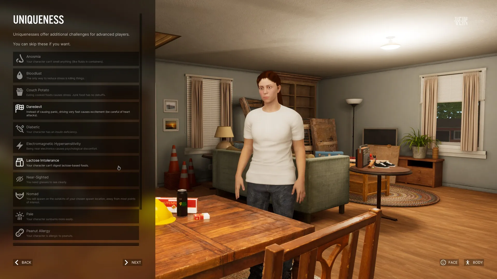 VEIN: Character stands in a living room with uniqueness selection menu visible on the left side