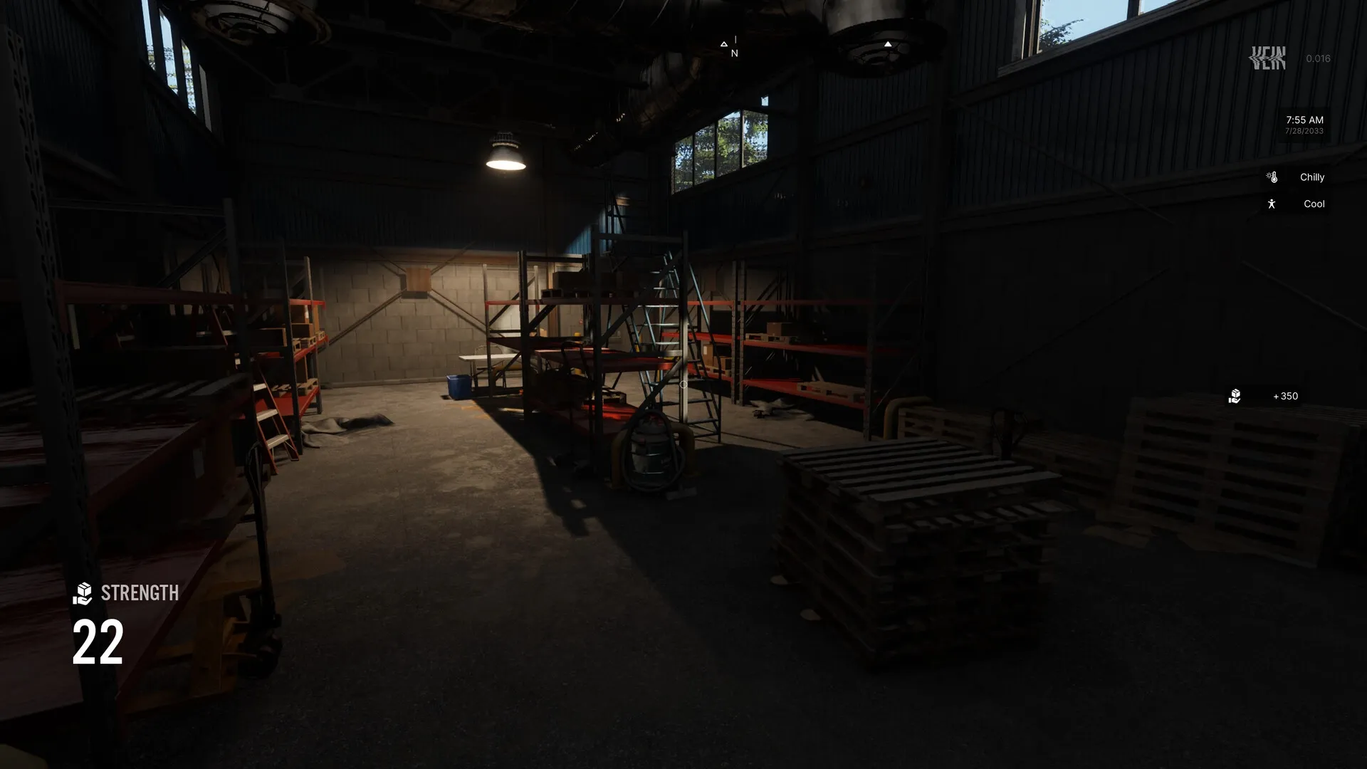 VEIN: Empty warehouse interior with shelving, ladder, and pallets; UI shows strength at 22, weather cool.