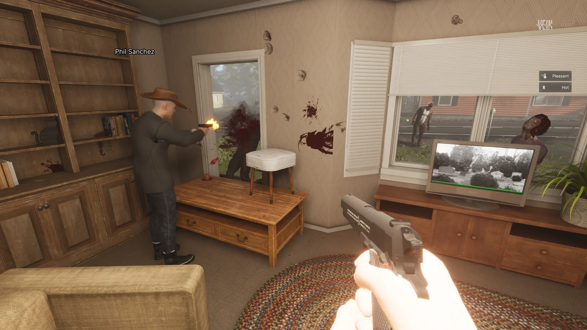 VEIN: Player and Phil Sanchez defend a home from zombies, with blood splatter and a TV in the living room.