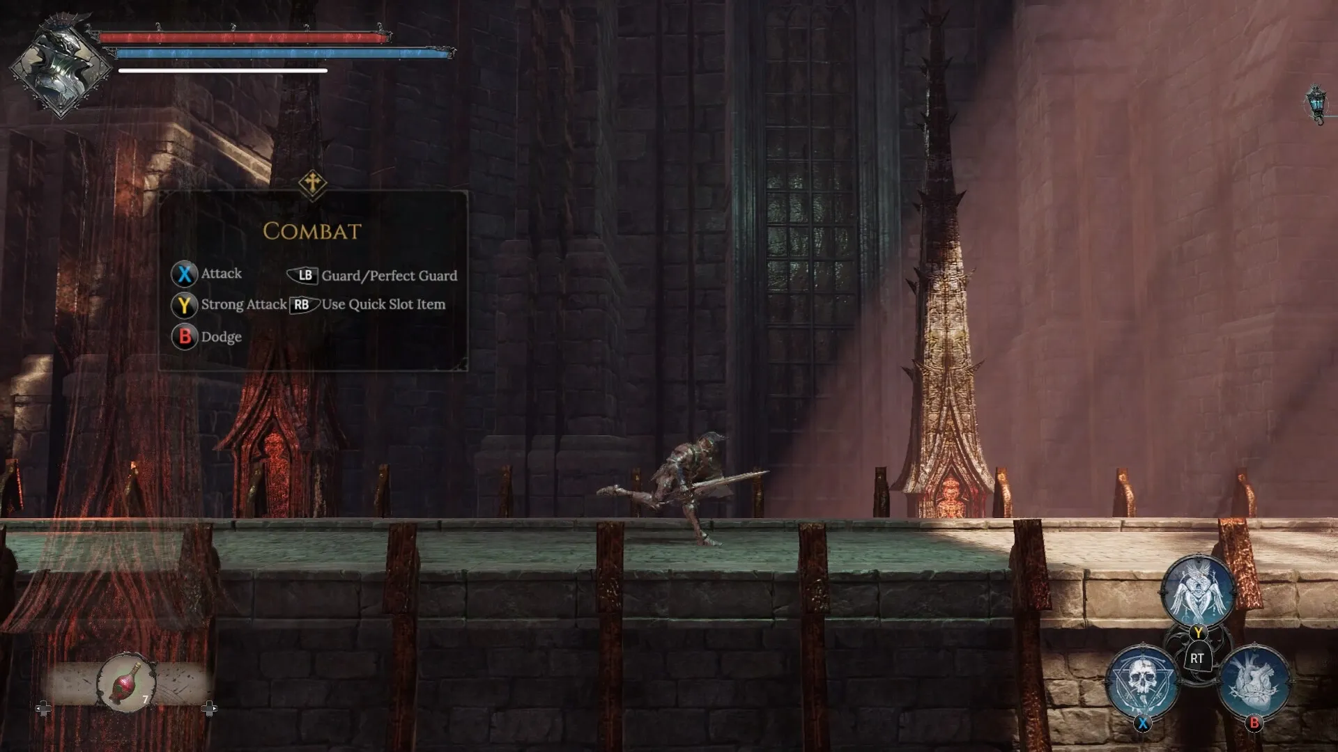 VELASTER: Character running in dark castle with combat controls and health bar displayed on screen