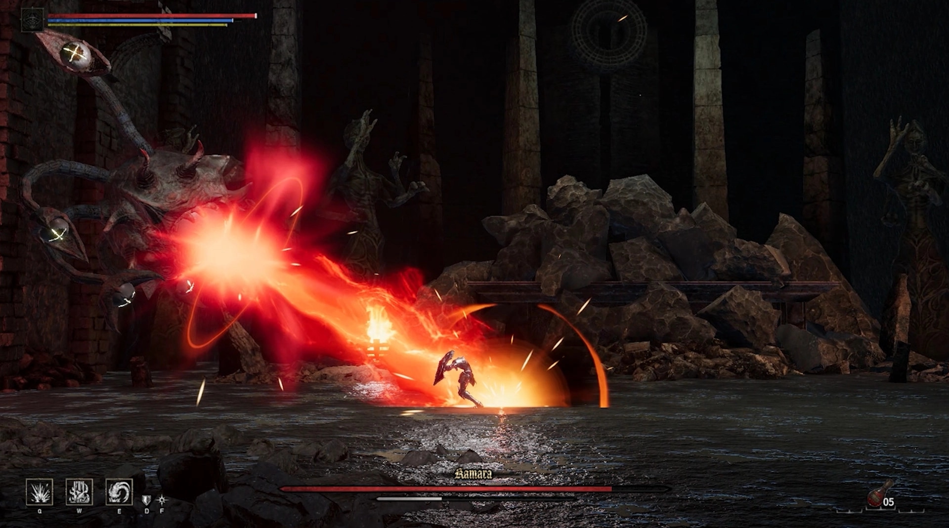 VELASTER: Player dodges fiery attack from a multi-eyed monster in a dark, stone-walled dungeon setting.