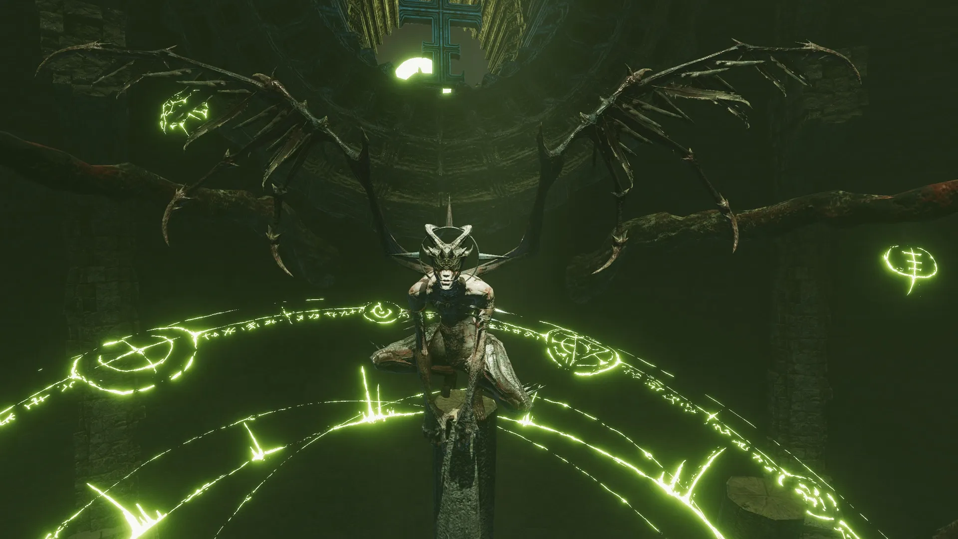 VELASTER: Winged demon perched on pillar in dark cavern surrounded by glowing green mystical symbols