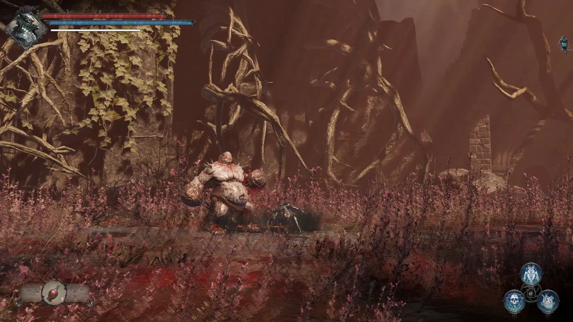 VELASTER: Combat with a giant ogre in a dark, twisted forest with purple foliage and UI elements visible.