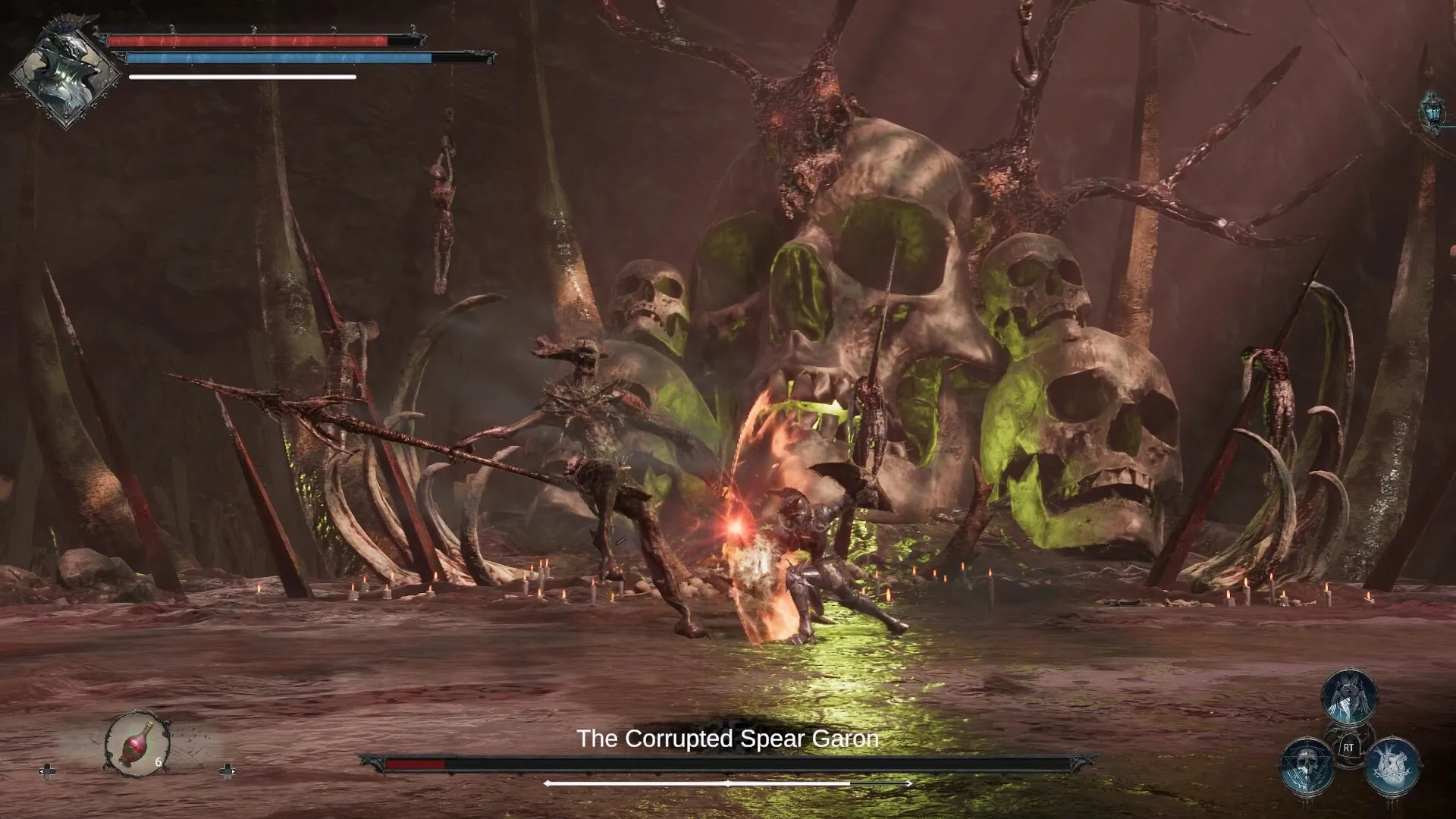 VELASTER: Player battles Corrupted Spear Garon in a dark cavern with giant skulls and green mist.