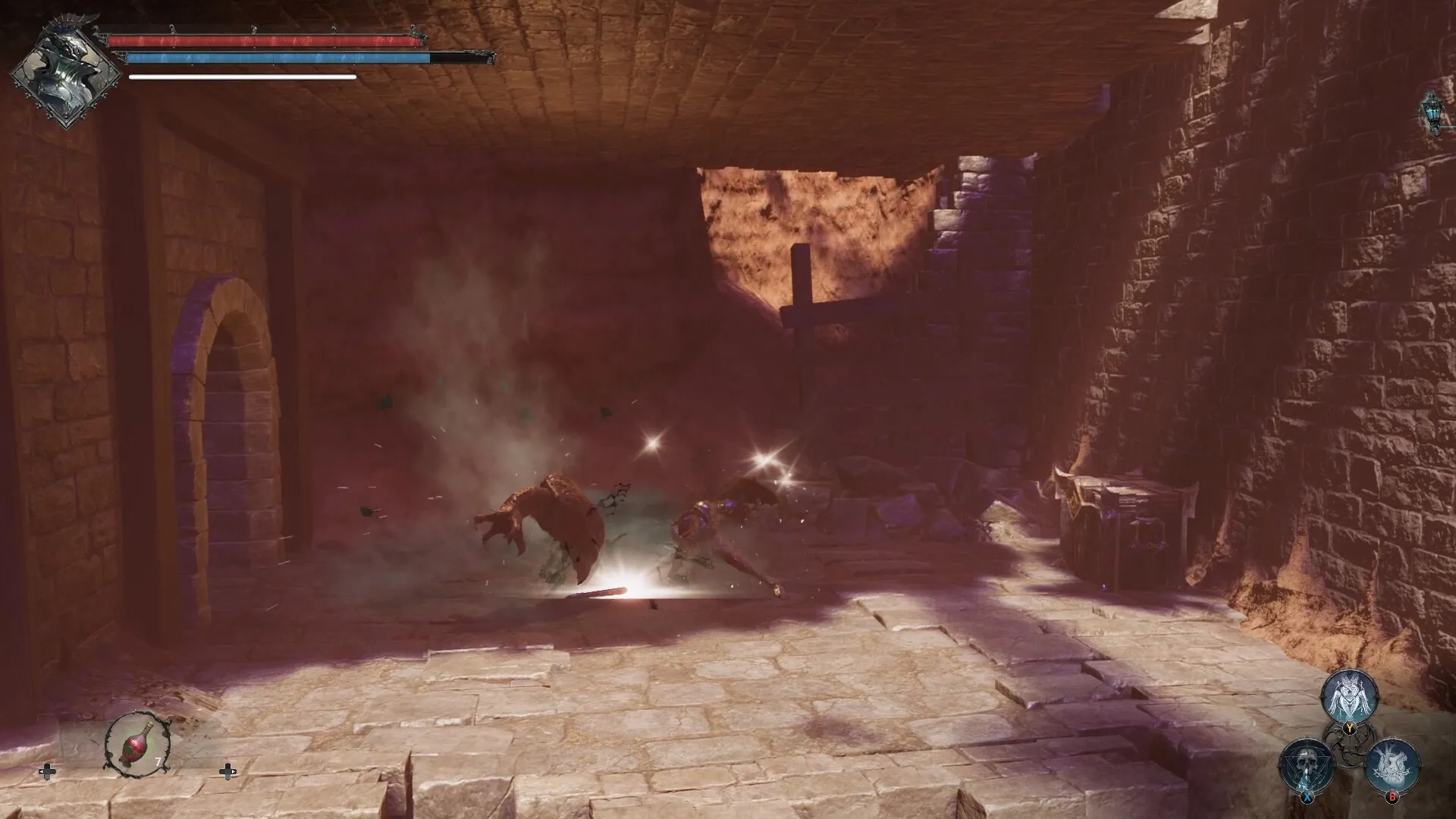 VELASTER: Player engages in combat with monsters in a dimly lit stone corridor with health bar visible.