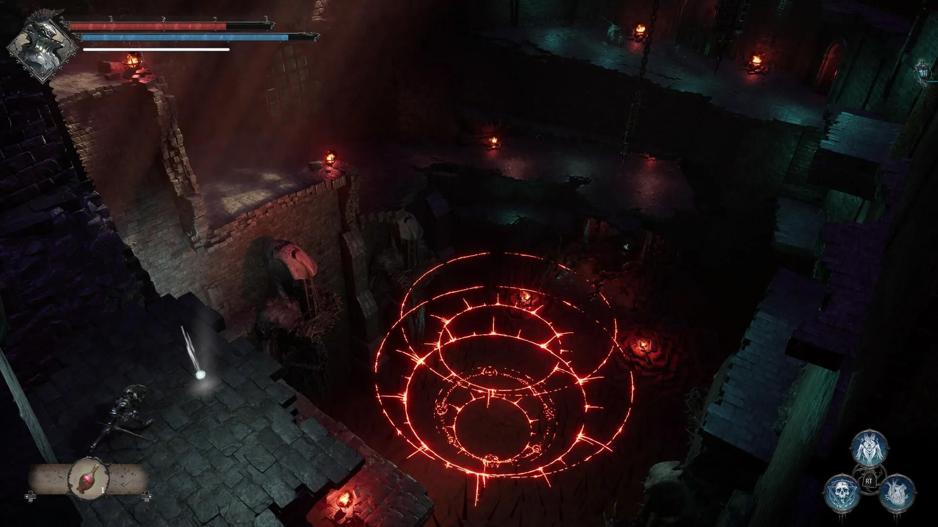 VELASTER: Player explores dark dungeon with glowing red symbols and health bar in upper left corner.