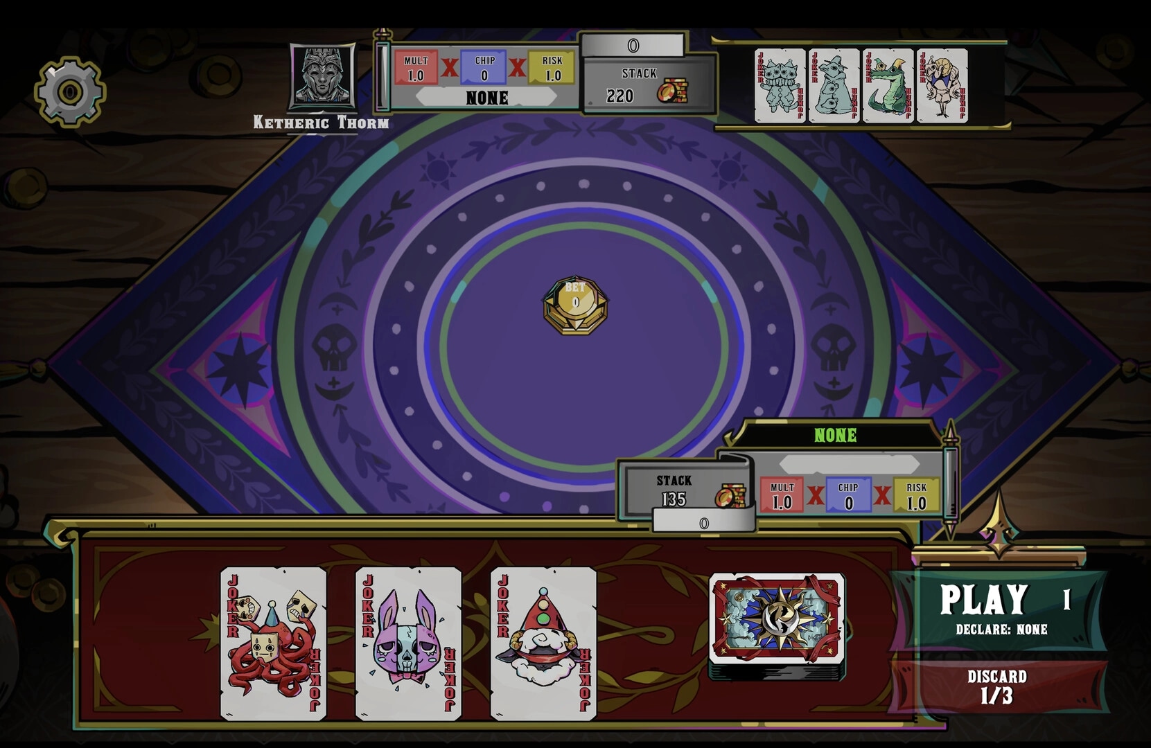 VELATO: Poker table UI with bet at 0, Joker hand and Play button, stacks and risk meters displayed.