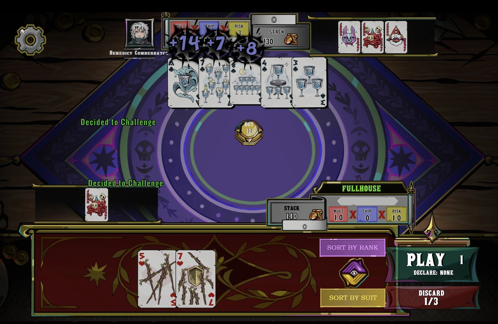 VELATO: Full house hand scored on poker table UI with chips, jokers, and Play/Discard buttons visible.