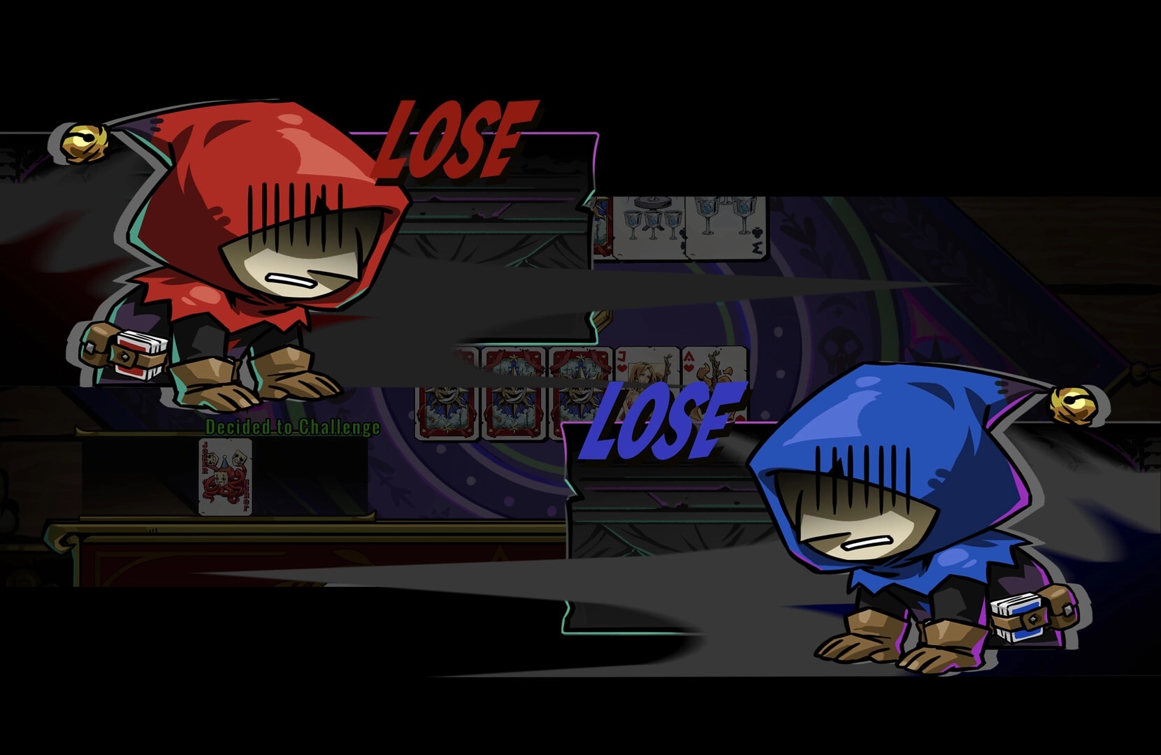 VELATO: Double defeat screen with red and blue hooded rivals over a poker table of cards UI.