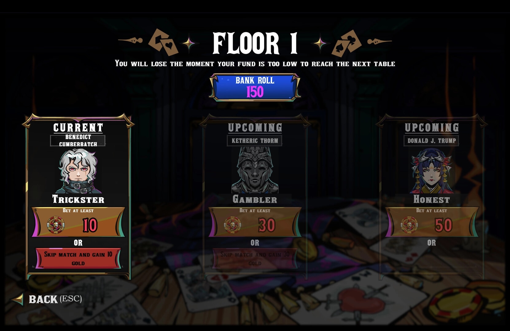 VELATO: Floor 1 table select UI with bank roll 150 and opponent cards over a poker table backdrop.
