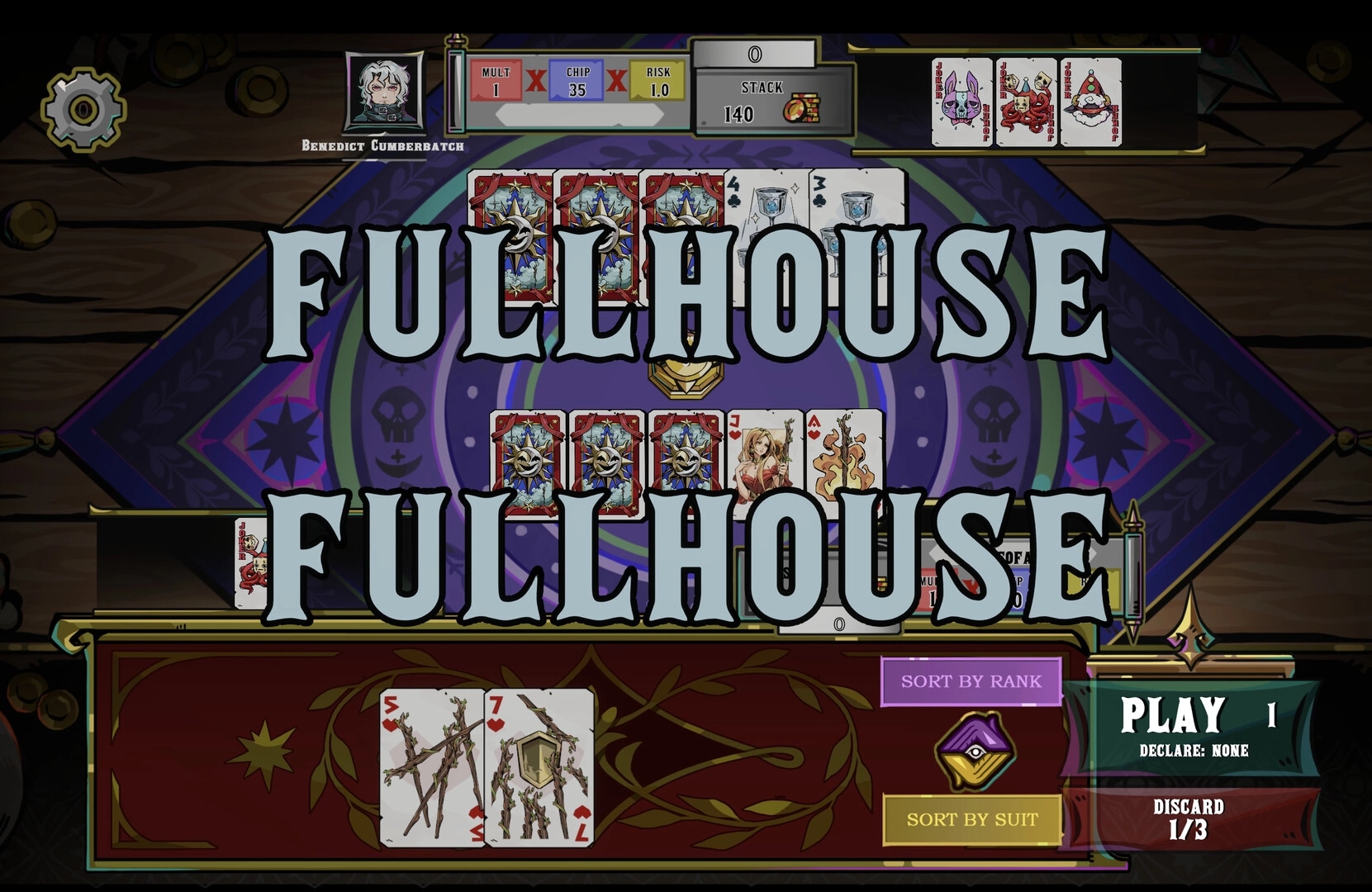 VELATO: Full house result banner over poker table UI with jokers, stack 140, play and discard buttons.