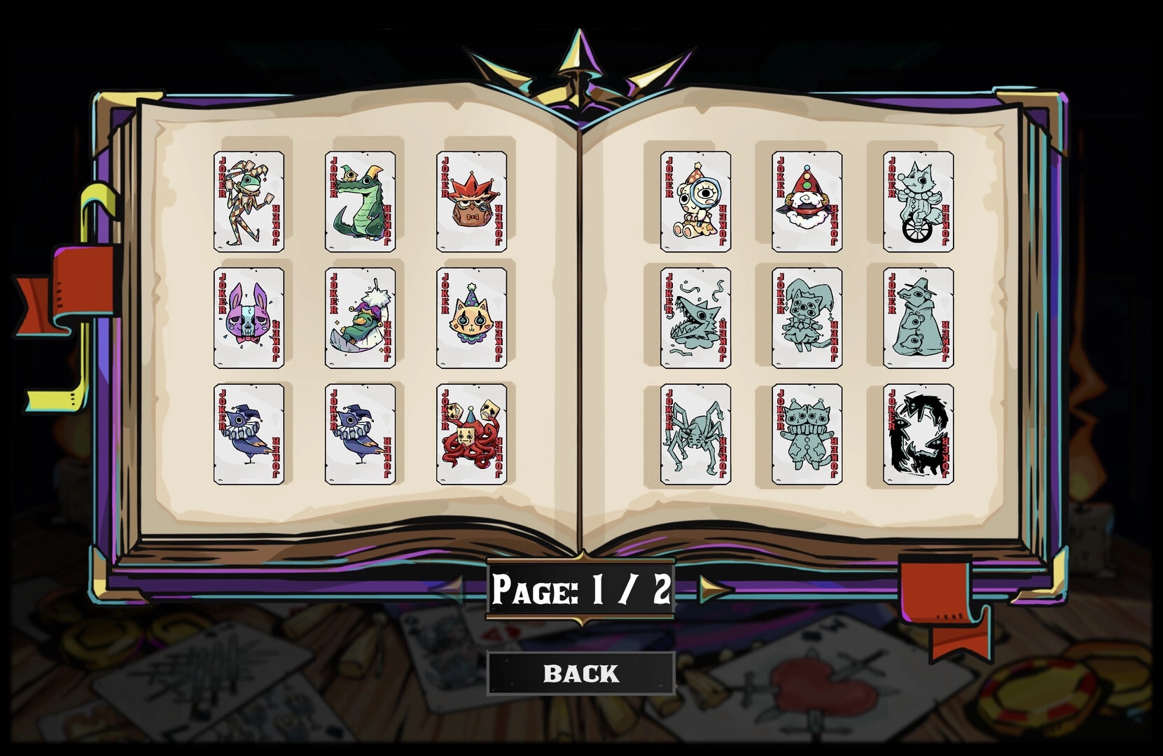 VELATO: Joker collection book UI with creature cards displayed across two pages and Back button below.