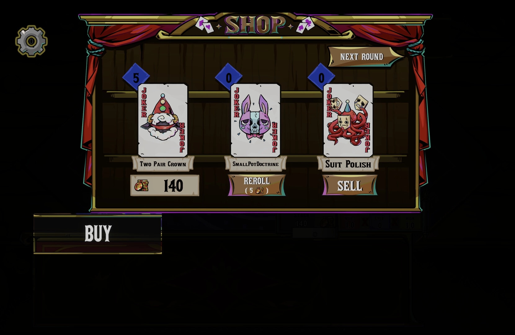 VELATO: Shop screen with three Joker cards, Buy button, reroll and next round options on stage backdrop.
