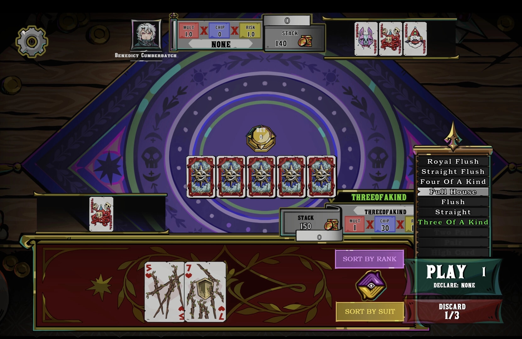 VELATO: Poker table UI with hand cards and Three of a Kind highlighted, Play and Discard buttons visible.