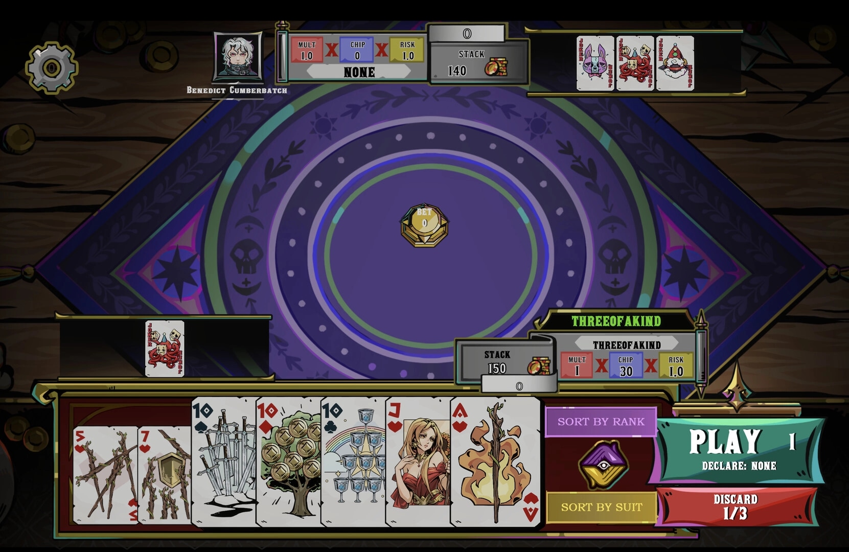 VELATO: Poker table UI with hand of cards and Three of a Kind prompt, Play and Discard buttons.