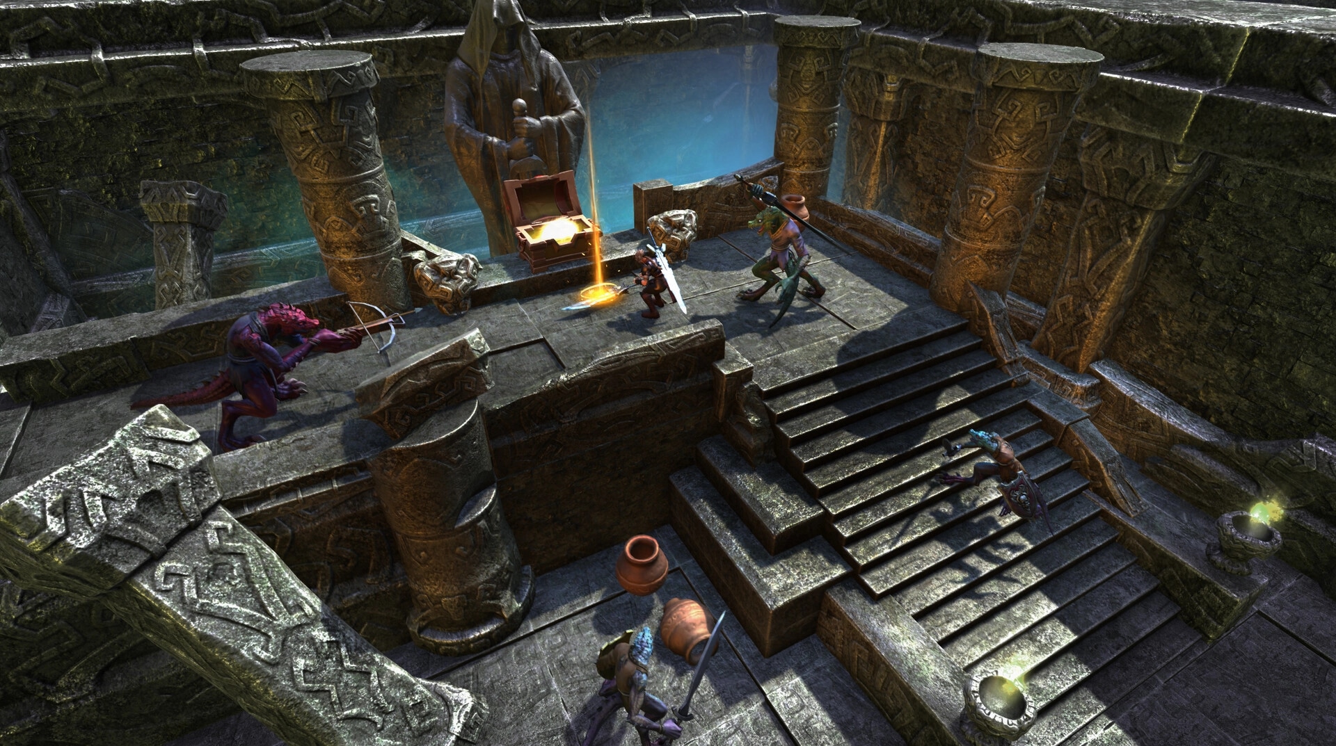 Velev: Players engage in combat with lizard creatures in an ancient stone temple with glowing artifacts.