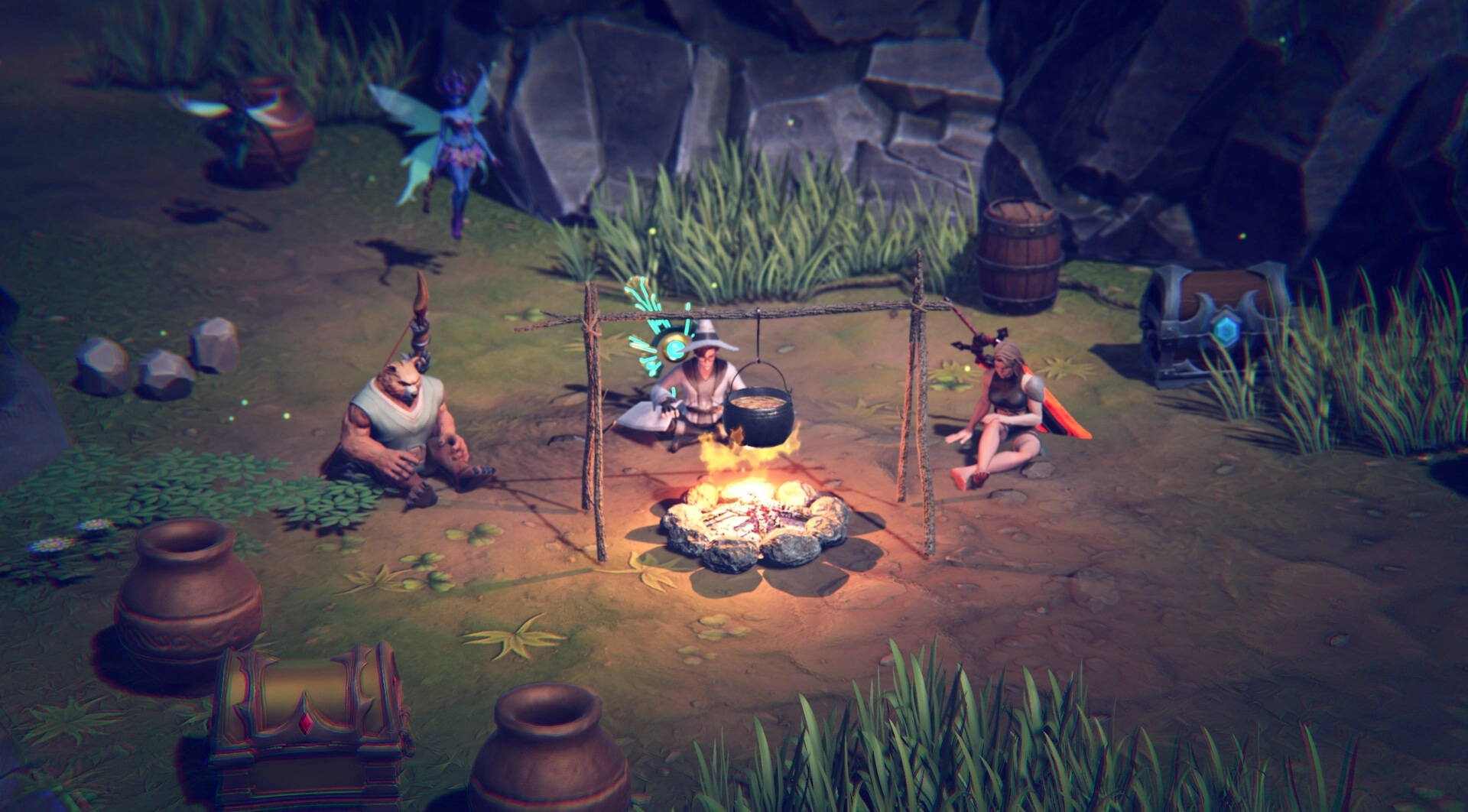 Velev: Characters gathered around a campfire with a pot, surrounded by grass and rocky terrain.