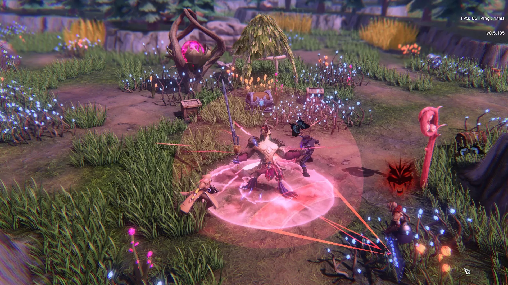 Velev: Three players battle a large creature in a vibrant forest with glowing plants and treasure chests.