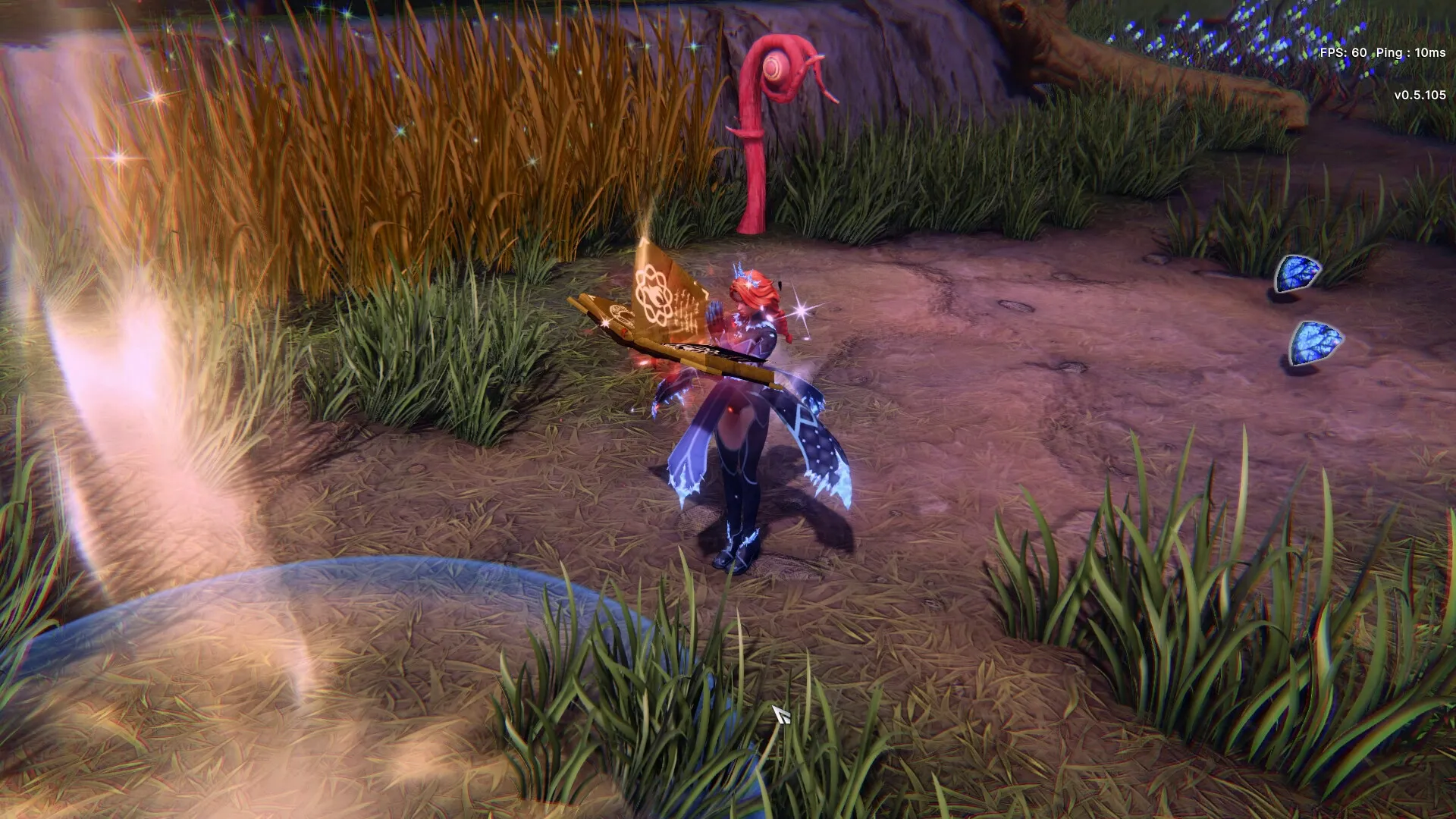 Velev: Character casting a spell in a grassy field with glowing artifacts and interface details visible