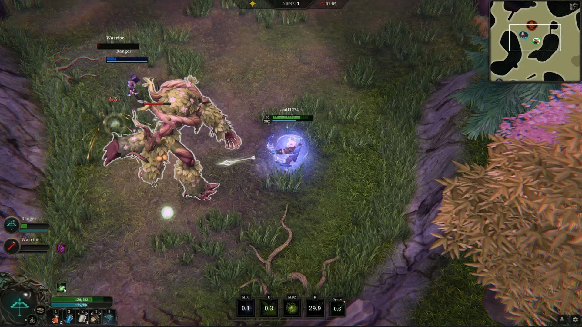 Velev: Player battles a giant leafy monster using magic in a forest with a tactical map in the corner.