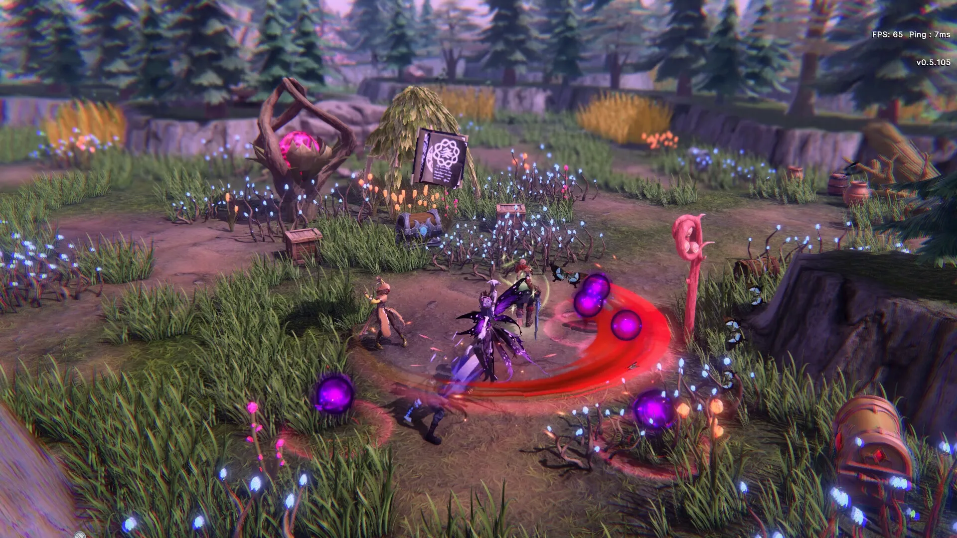 Velev: Characters engage in combat with mystical creatures in a lush, forested area surrounded by luminous plants.