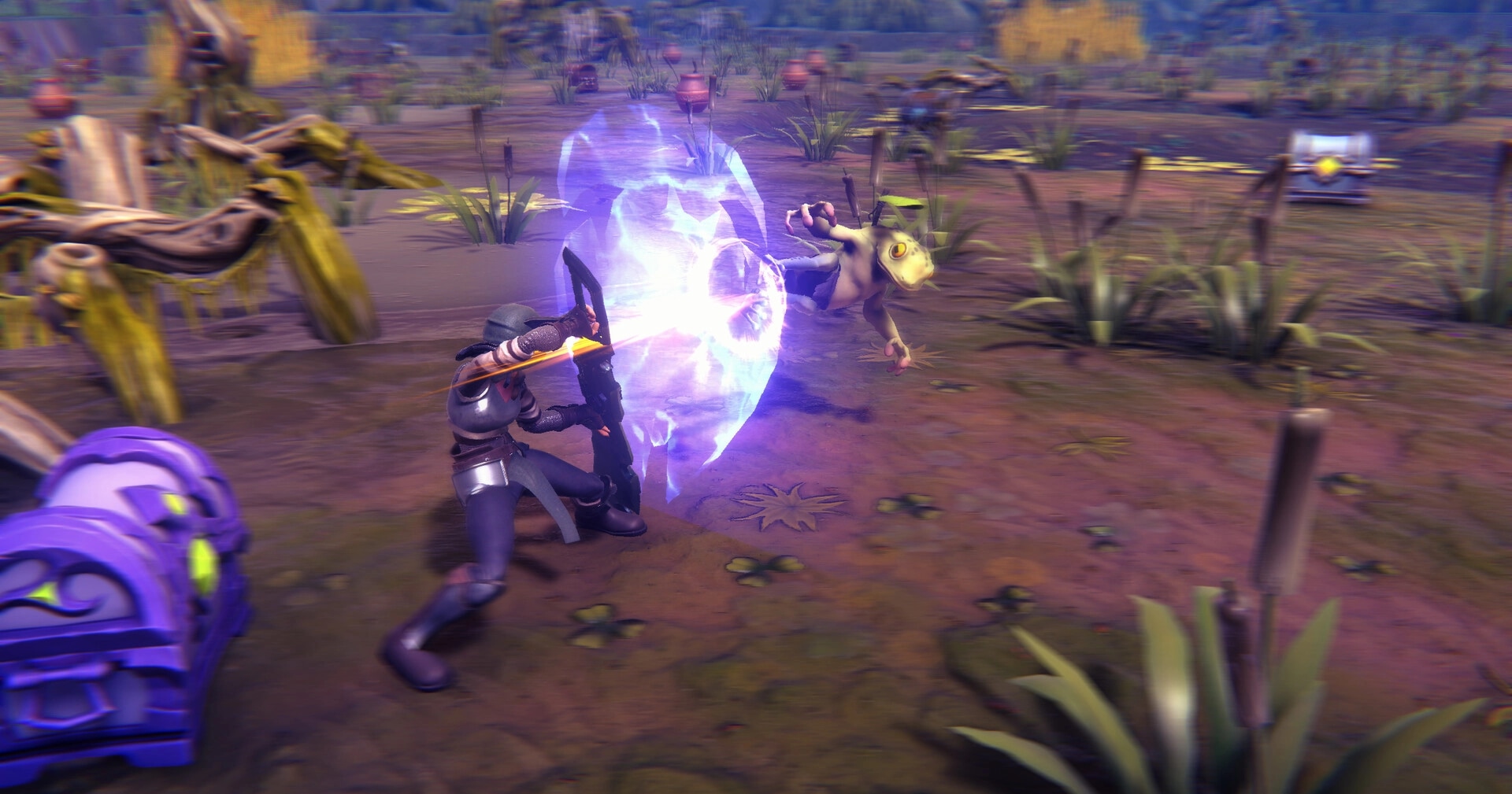 Velev: Player battling a frog-like creature with energy shield in a swampy landscape with chest nearby