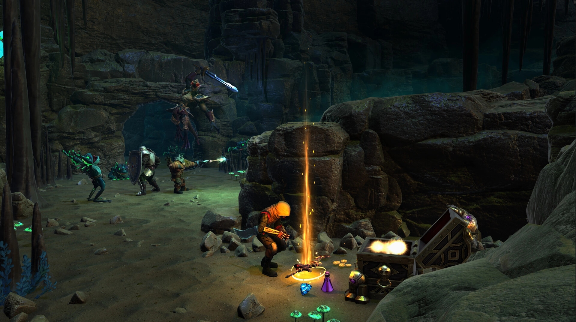 Velev: Player loots glowing treasure near rocky cave as team battles creatures in the background.