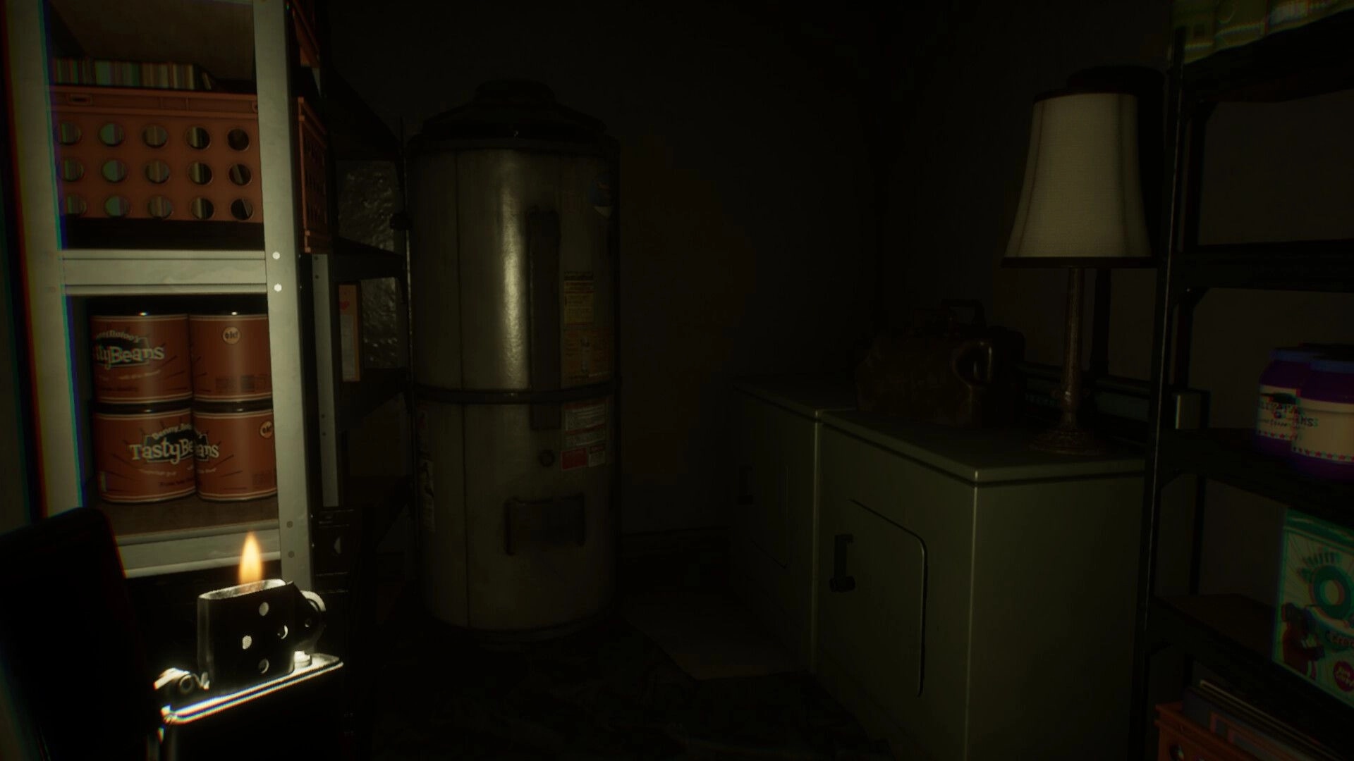 Vellar: Lighter flame illuminates pantry shelves and water heater in a cramped, dark storage room.
