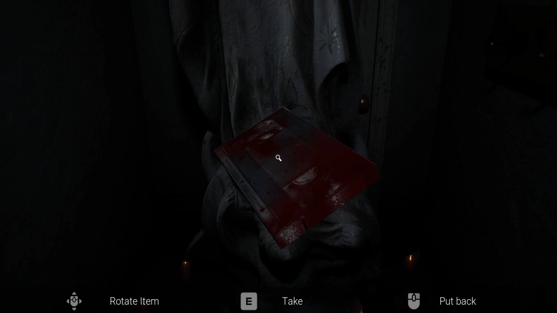 Vellar: Inspecting a bloodstained red folder with rotate and take prompts in a dark room.
