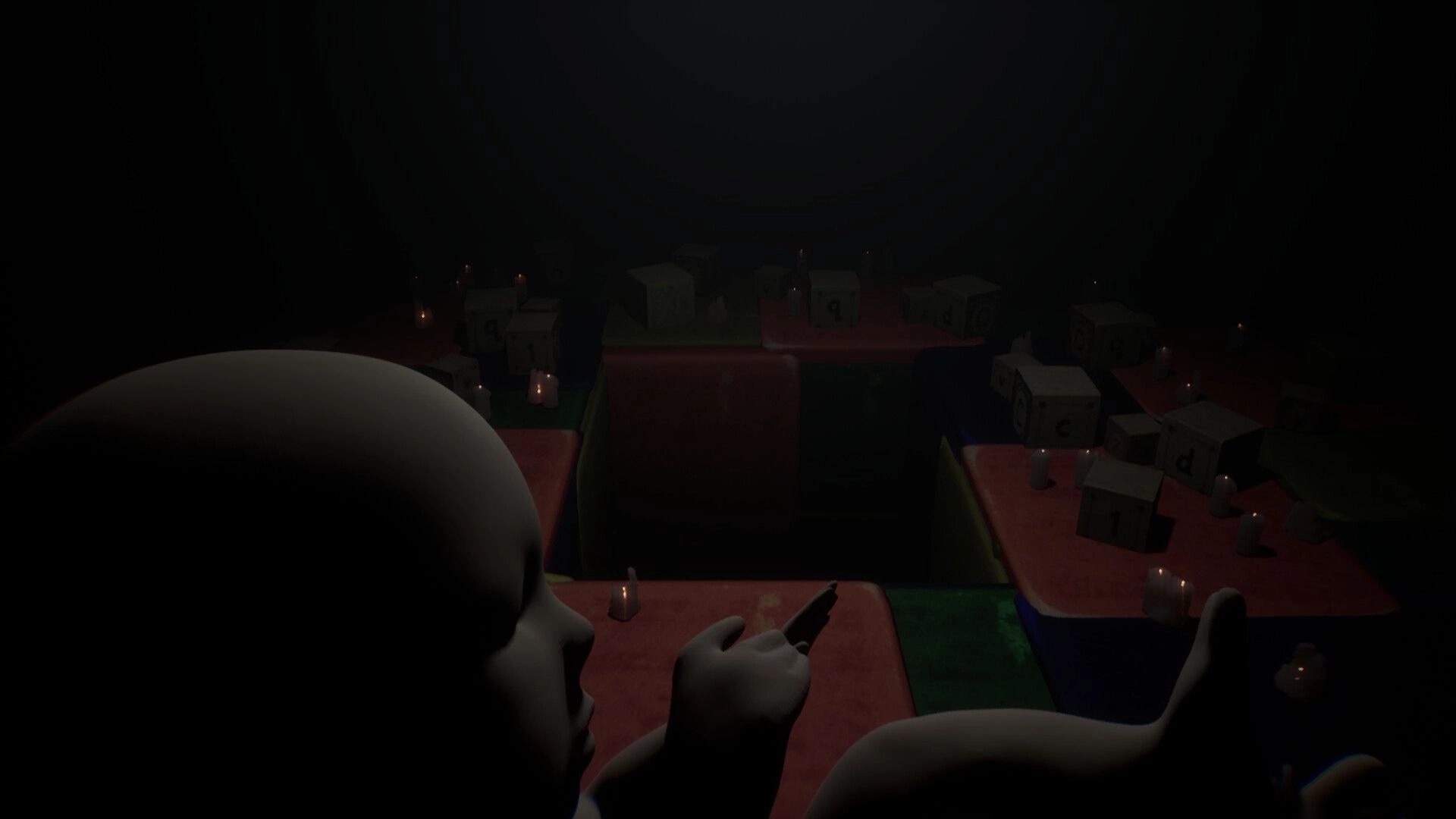Vellar: Childlike mannequin points ahead over candlelit letter blocks in a dark maze of platforms.
