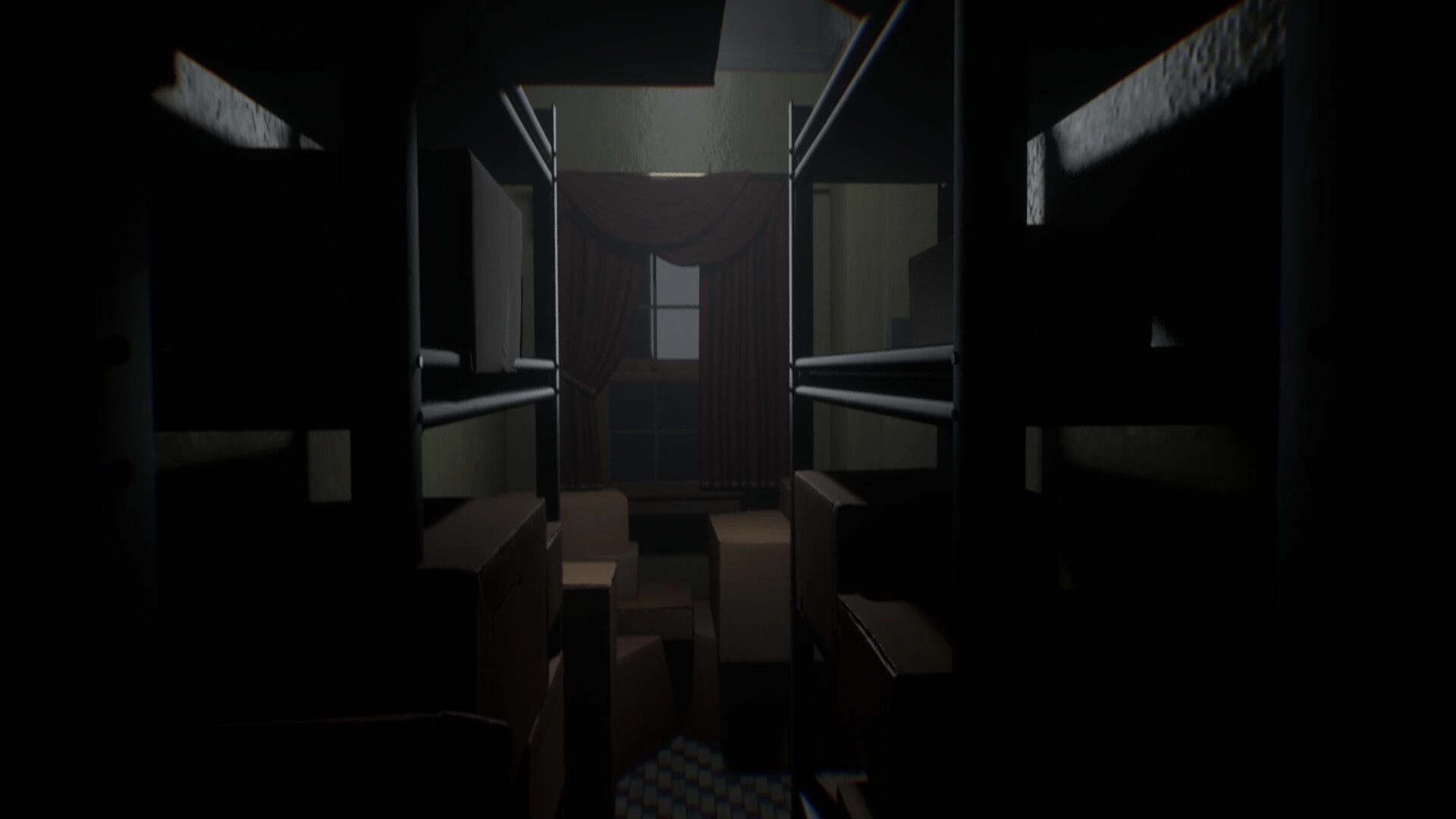 Vellar: First-person view down a dark corridor of stacked boxes toward a curtained window in a house.