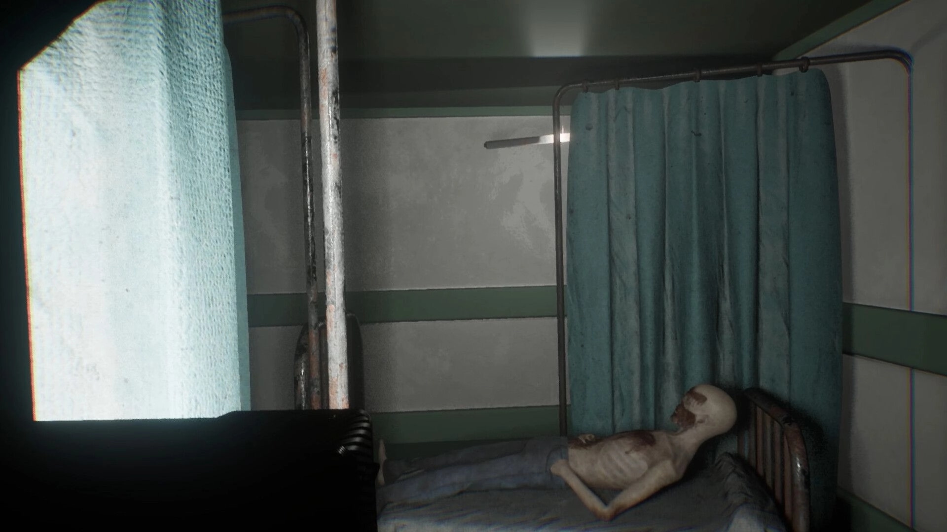 Vellar: First-person view of a corpse on a hospital bed behind blue curtains in a dim ward.
