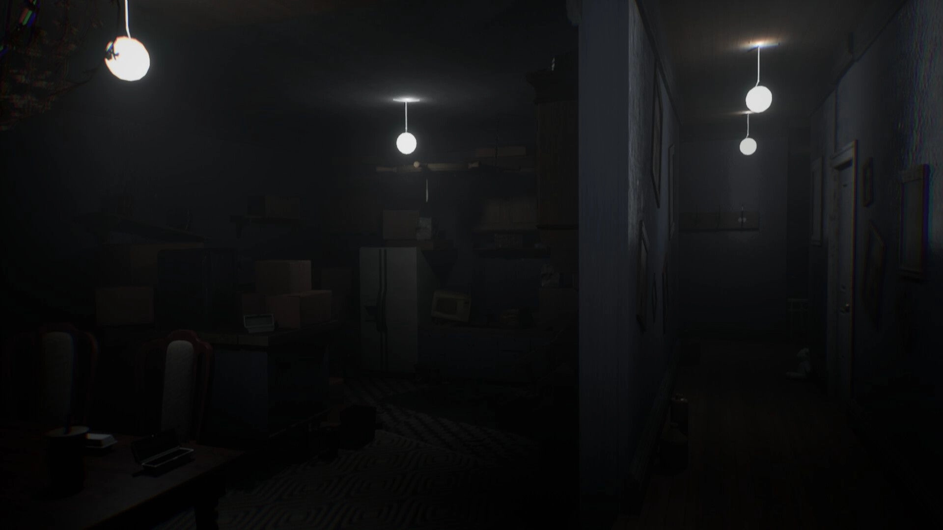 Vellar: First-person view down a dim hallway with bare bulbs, boxes piled in a shadowy room.