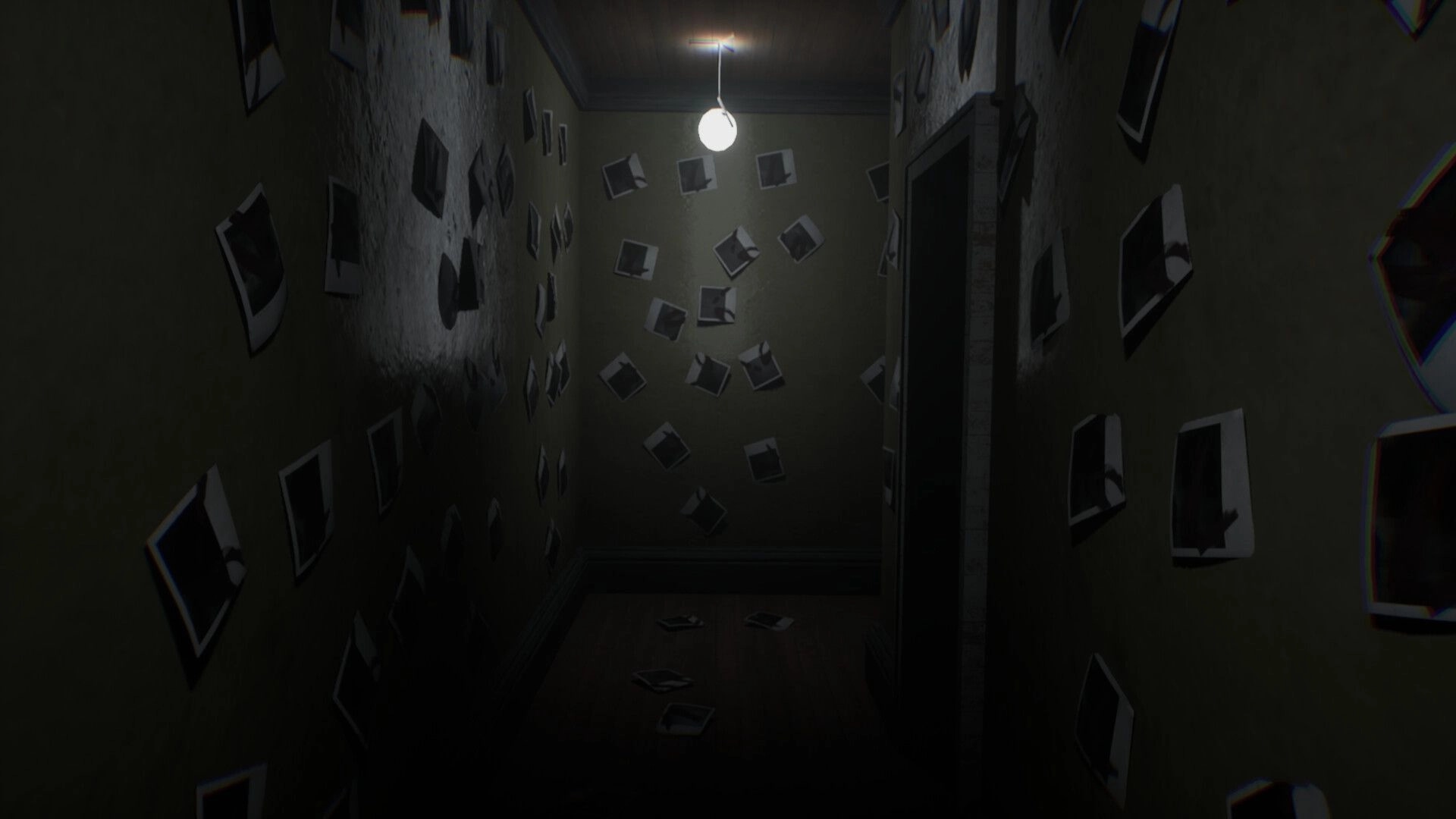 Vellar: First-person view down a dim hallway lined with scattered photos and a single hanging light.