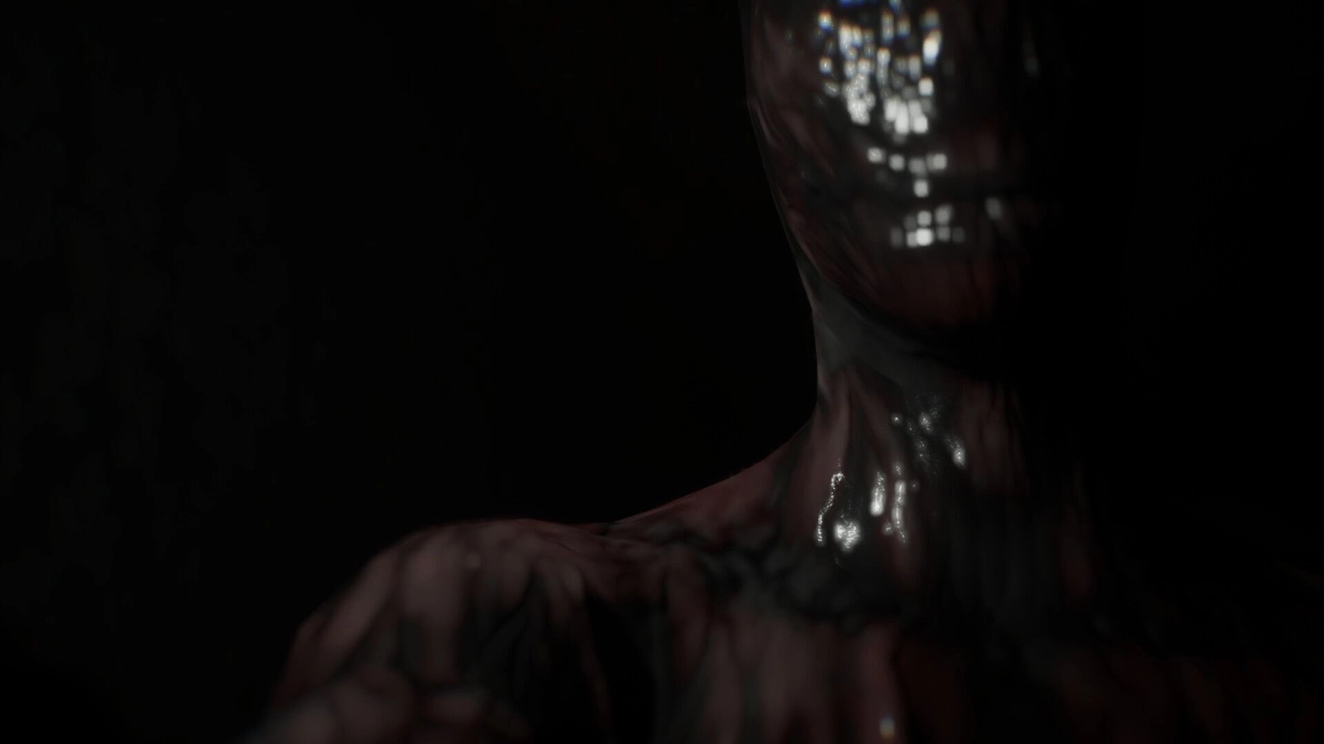 Vellar: Close-up of a glossy, faceless humanoid figure emerging from darkness, blurred background.