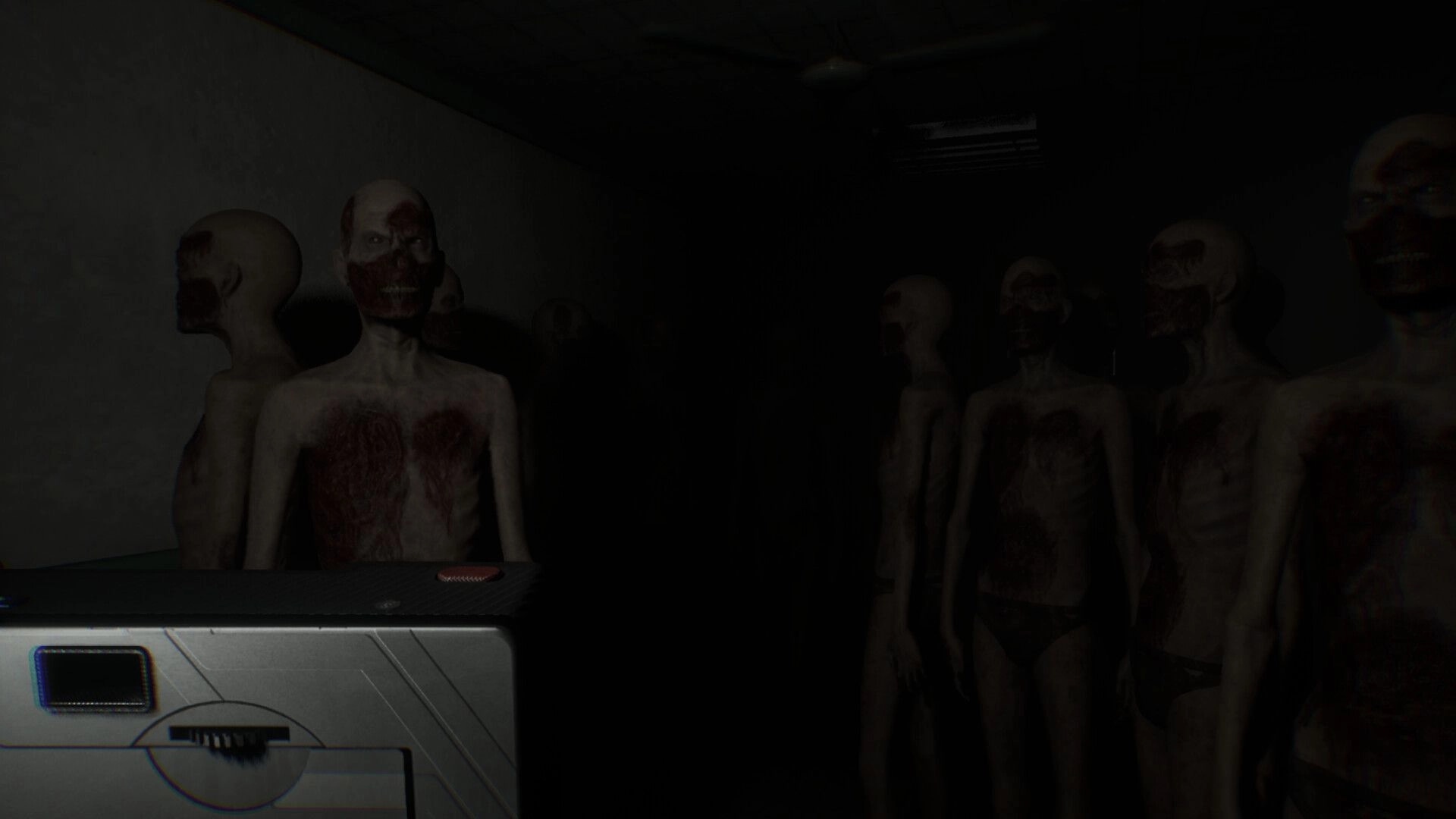 Vellar: First-person view of blood-smeared mannequins crowding a dim corridor under harsh ceiling light.