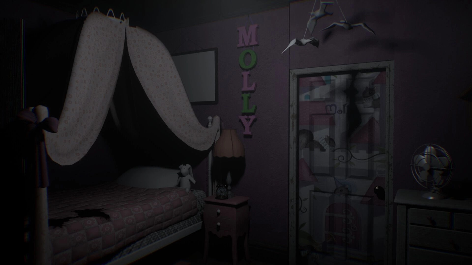 Vellar: First-person view of a child's bedroom with canopy bed, doll, and cracked door mirror panel.