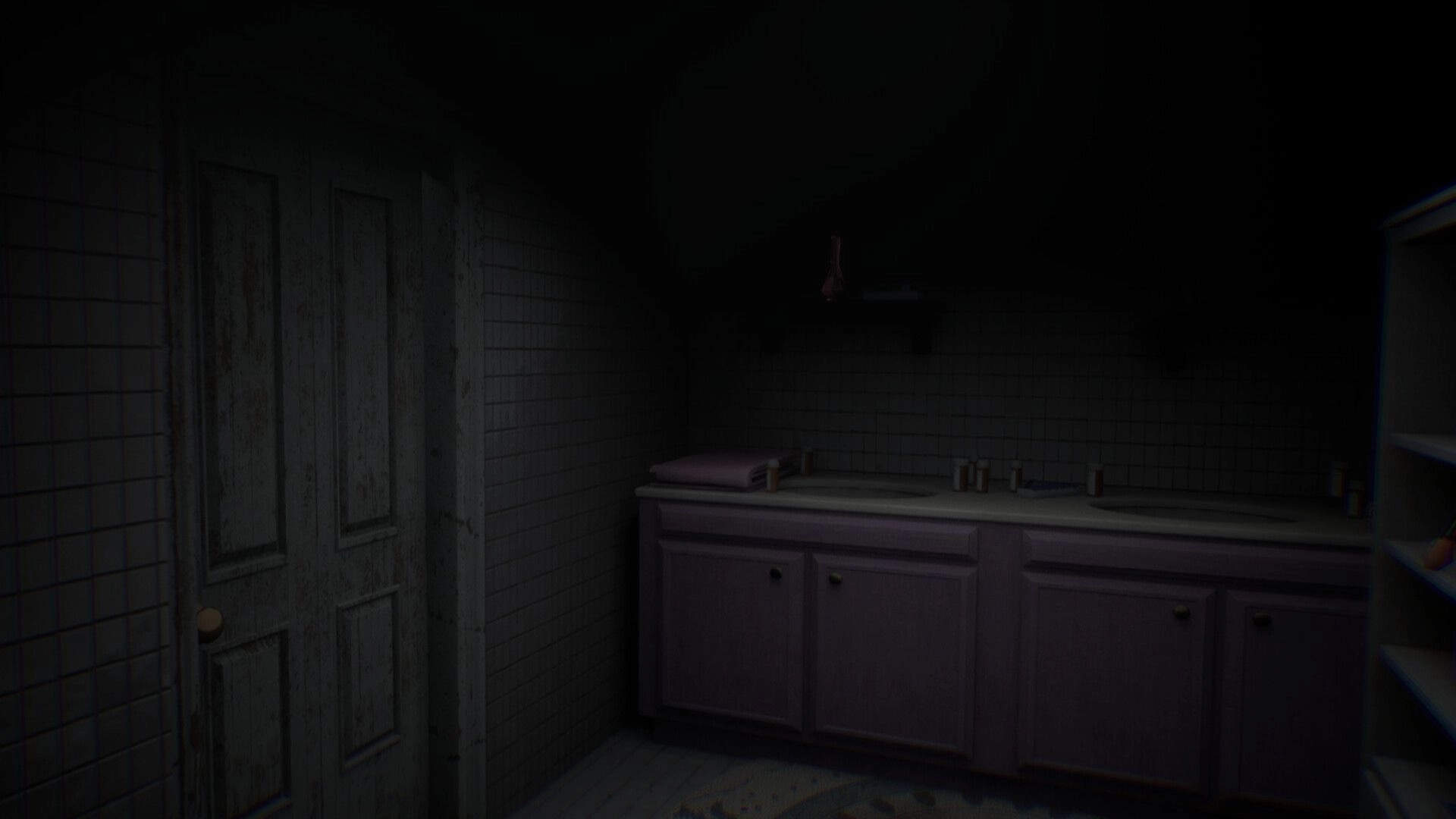 Vellar: First-person view of a grimy tiled bathroom with a sink counter, door, and shelves in shadow.