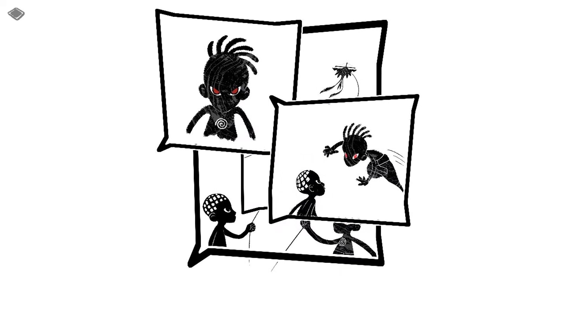 Vem, Exu: Sketchy cutscene panels with red-eyed shadow figure confronting child on white backdrop.