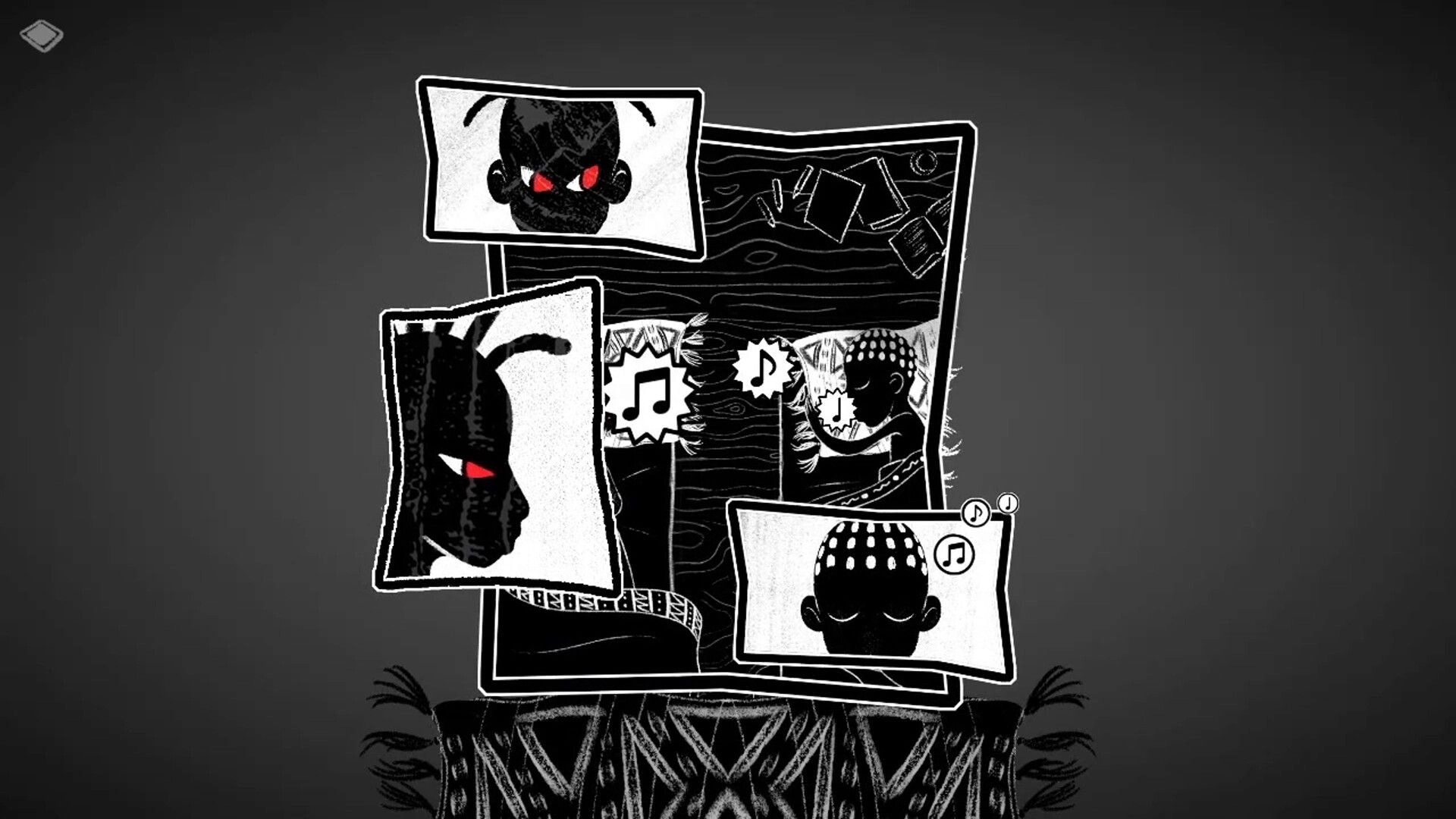 Vem, Exu: Collage of shadowy faces with red eyes and music icons on a dark board backdrop.