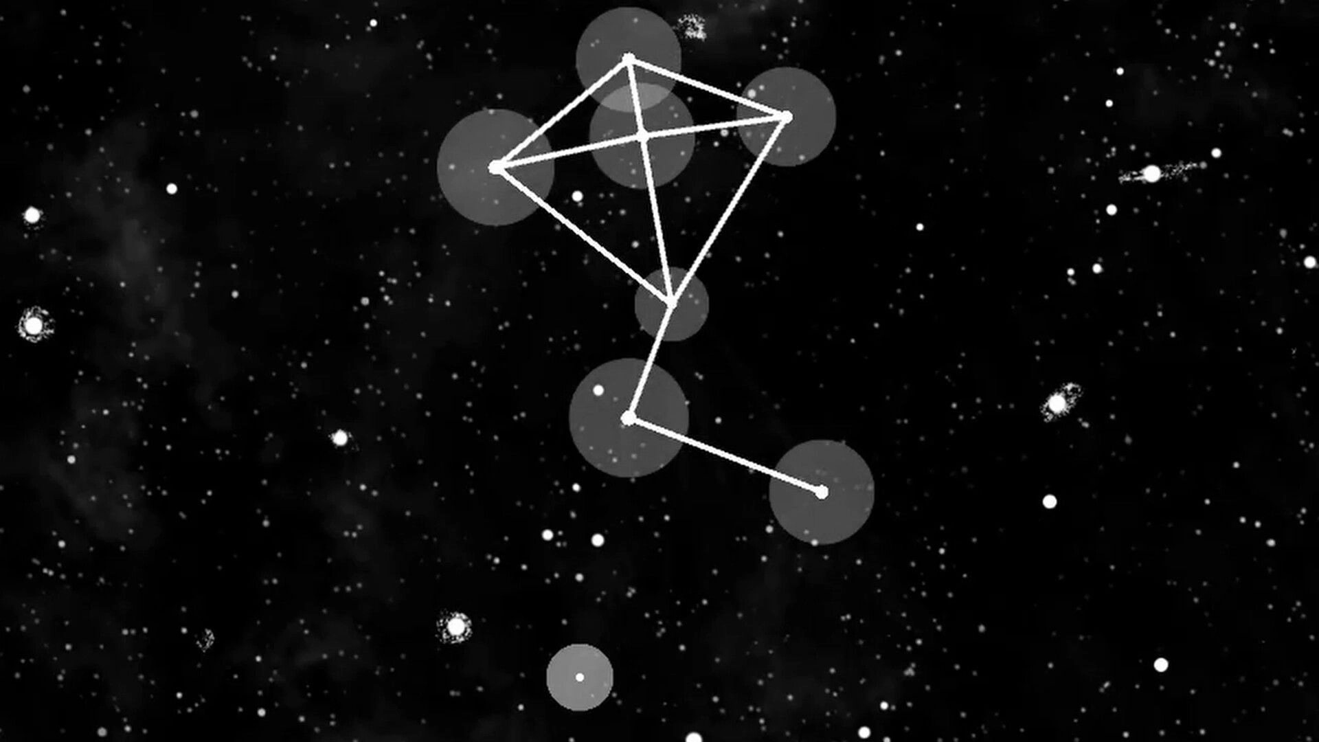 Vem, Exu: Constellation puzzle with glowing lines linking star nodes across a dark space sky.
