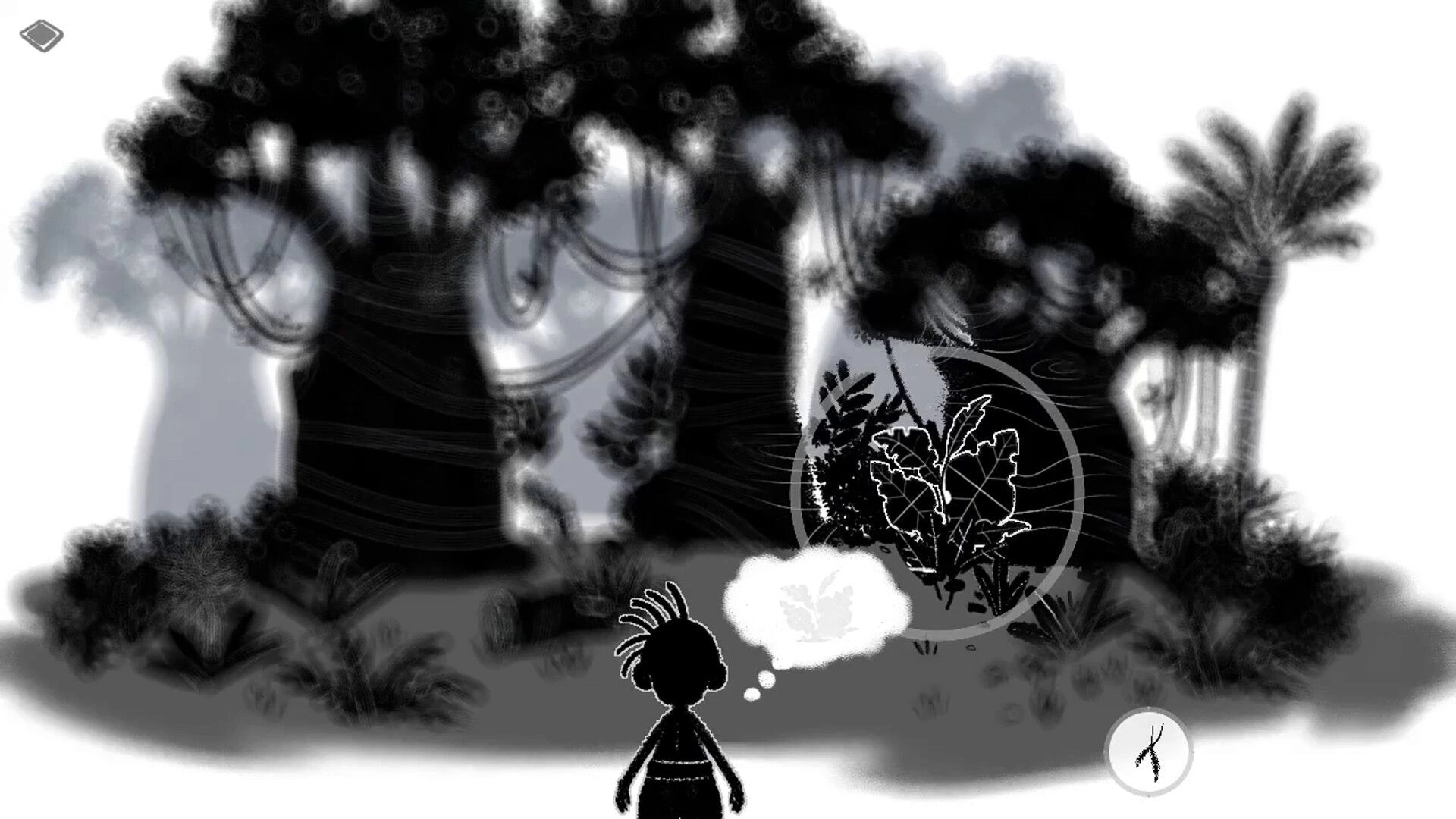 Vem, Exu: Child silhouette aims a circular cursor at plants in a shadowy forest scene.