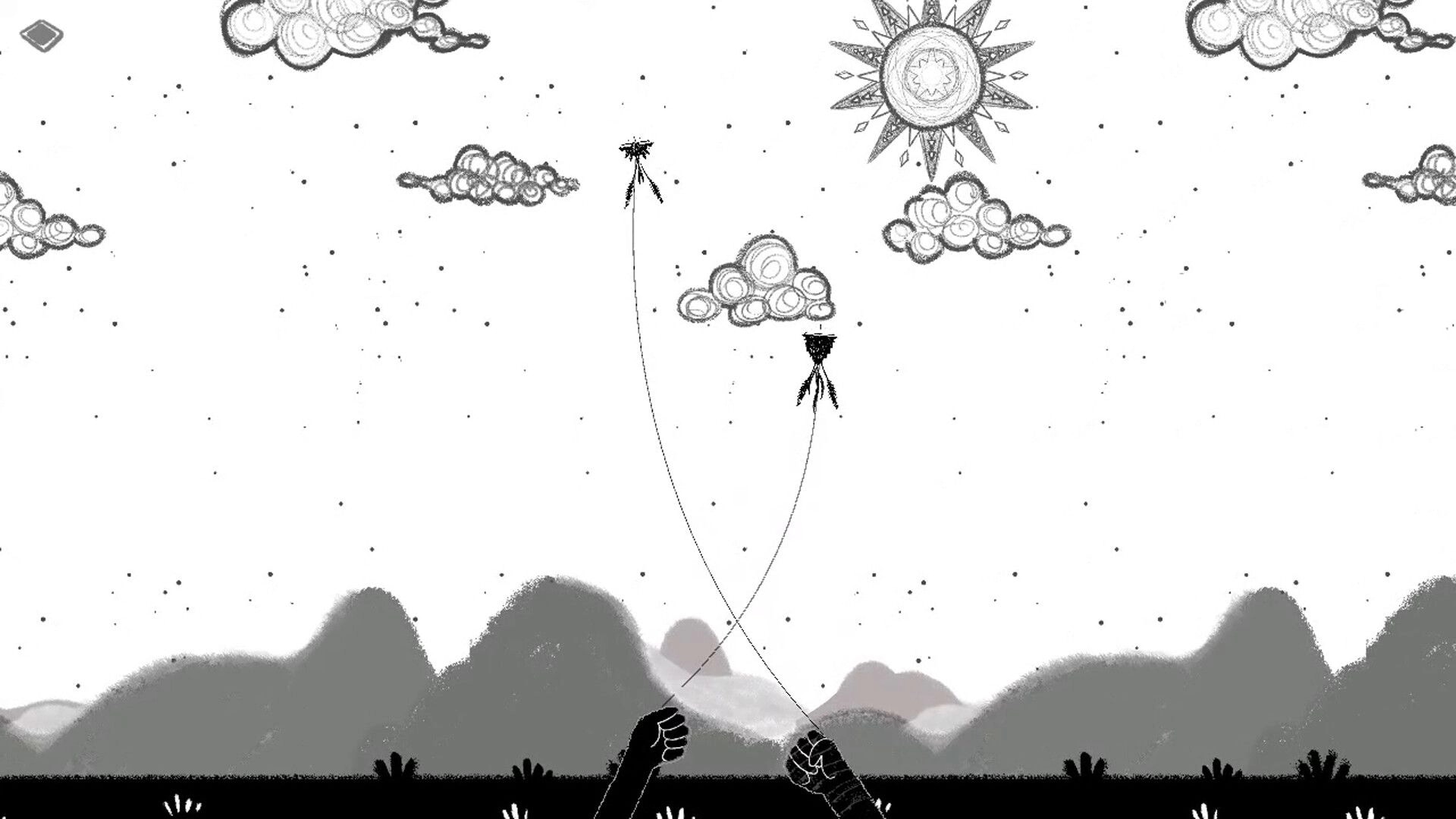 Vem, Exu: Two hands fly crossed kites under clouds and a bright sun over misty hills.