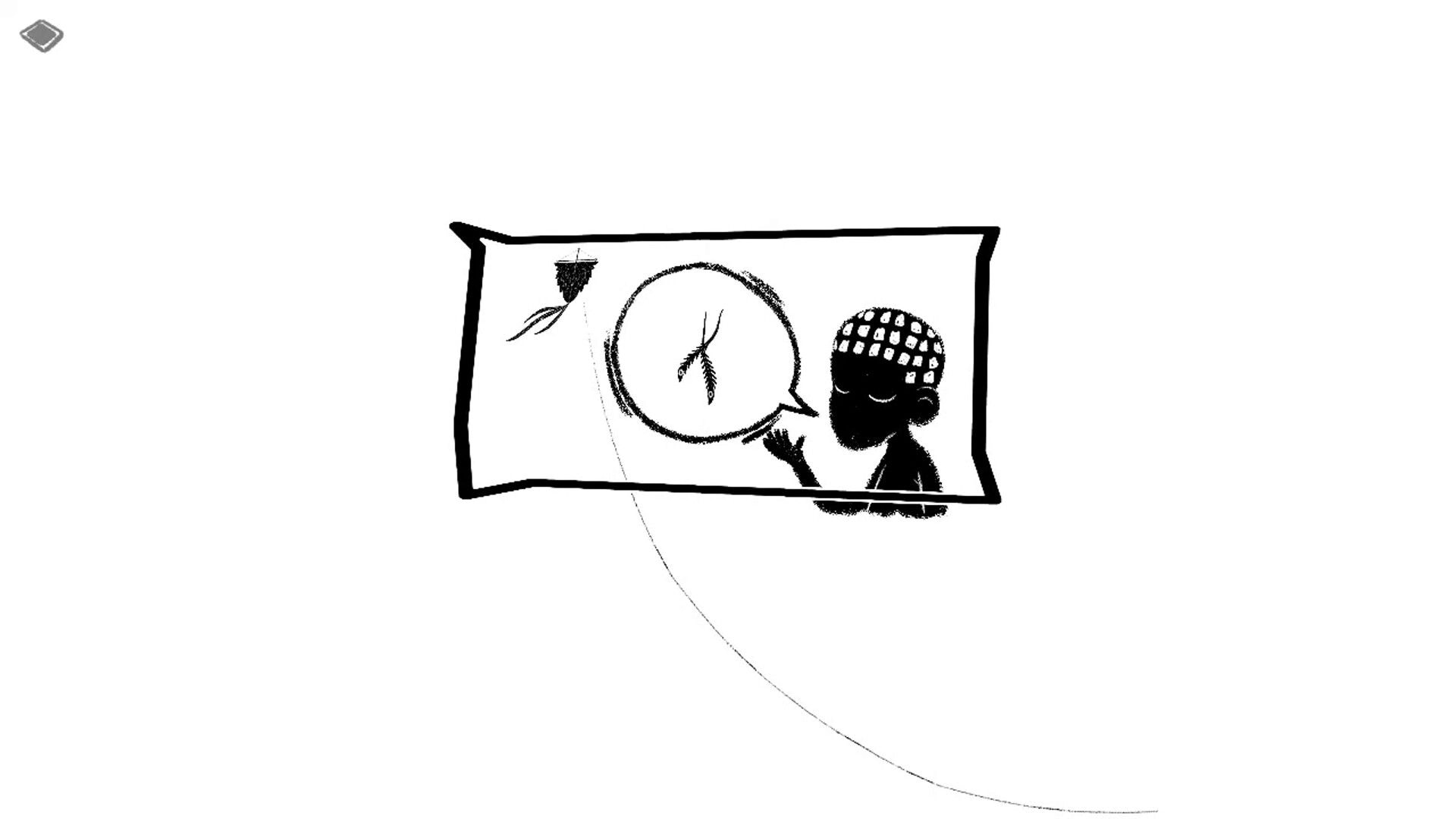Vem, Exu: Child silhouette points at speech bubble with feather icon, kite string across blank scene.